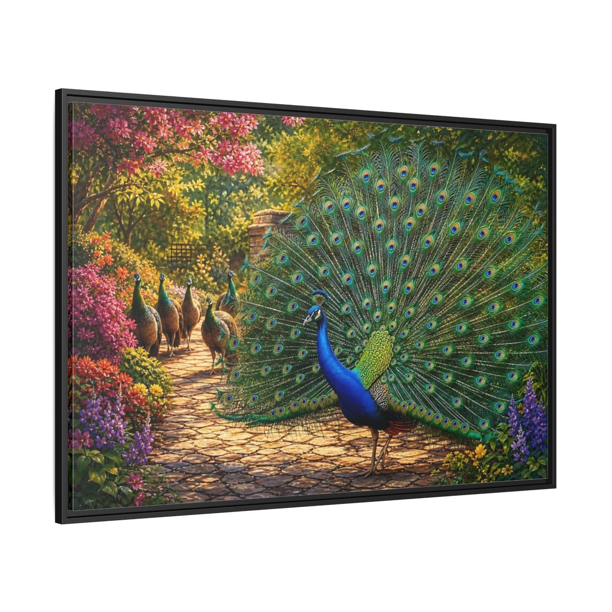 Side Mockup 12. Animals Peacock Colorful Peacock shown as stretched canvas wall art