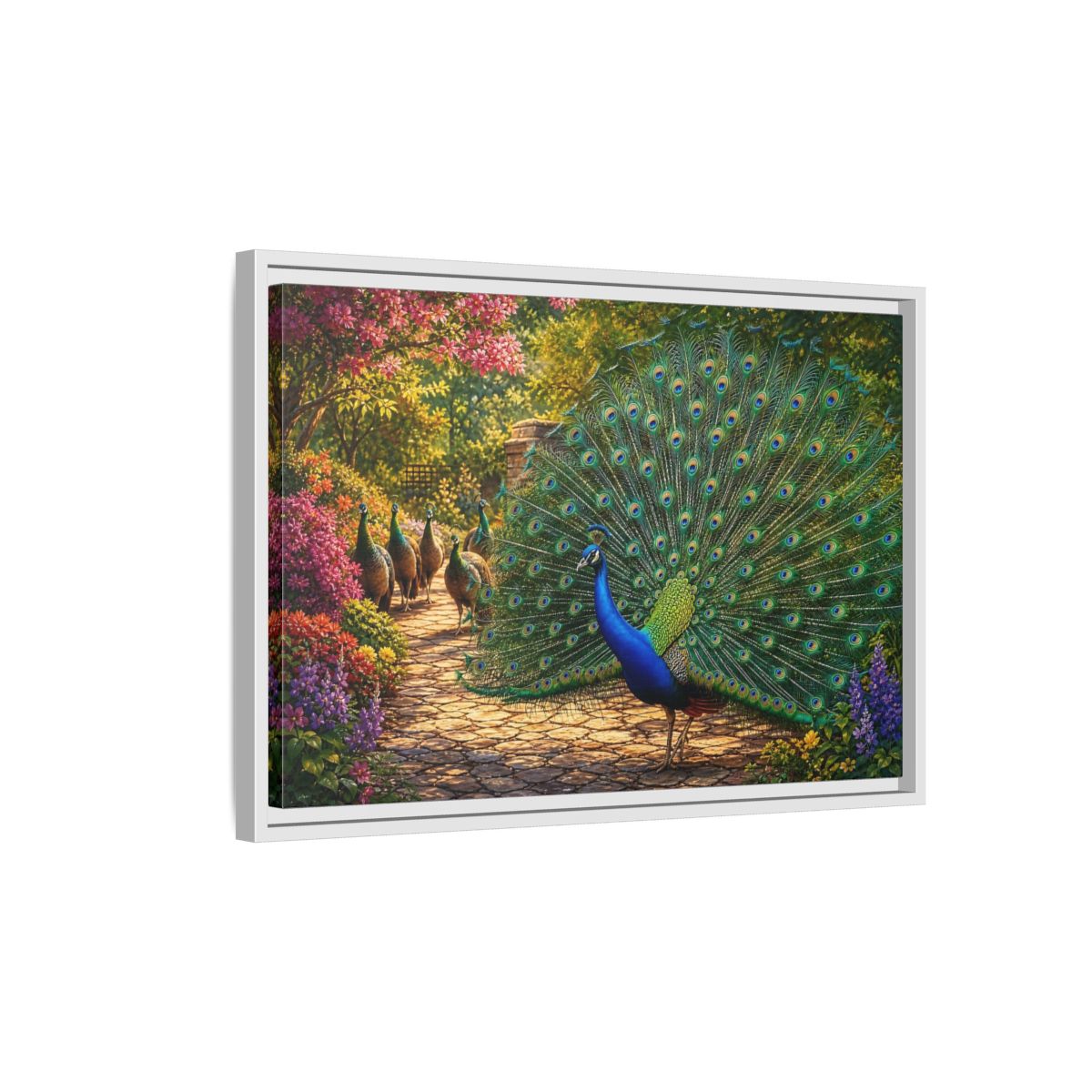 Side Mockup 1. Animals Peacock Colorful Peacock shown as stretched canvas wall art