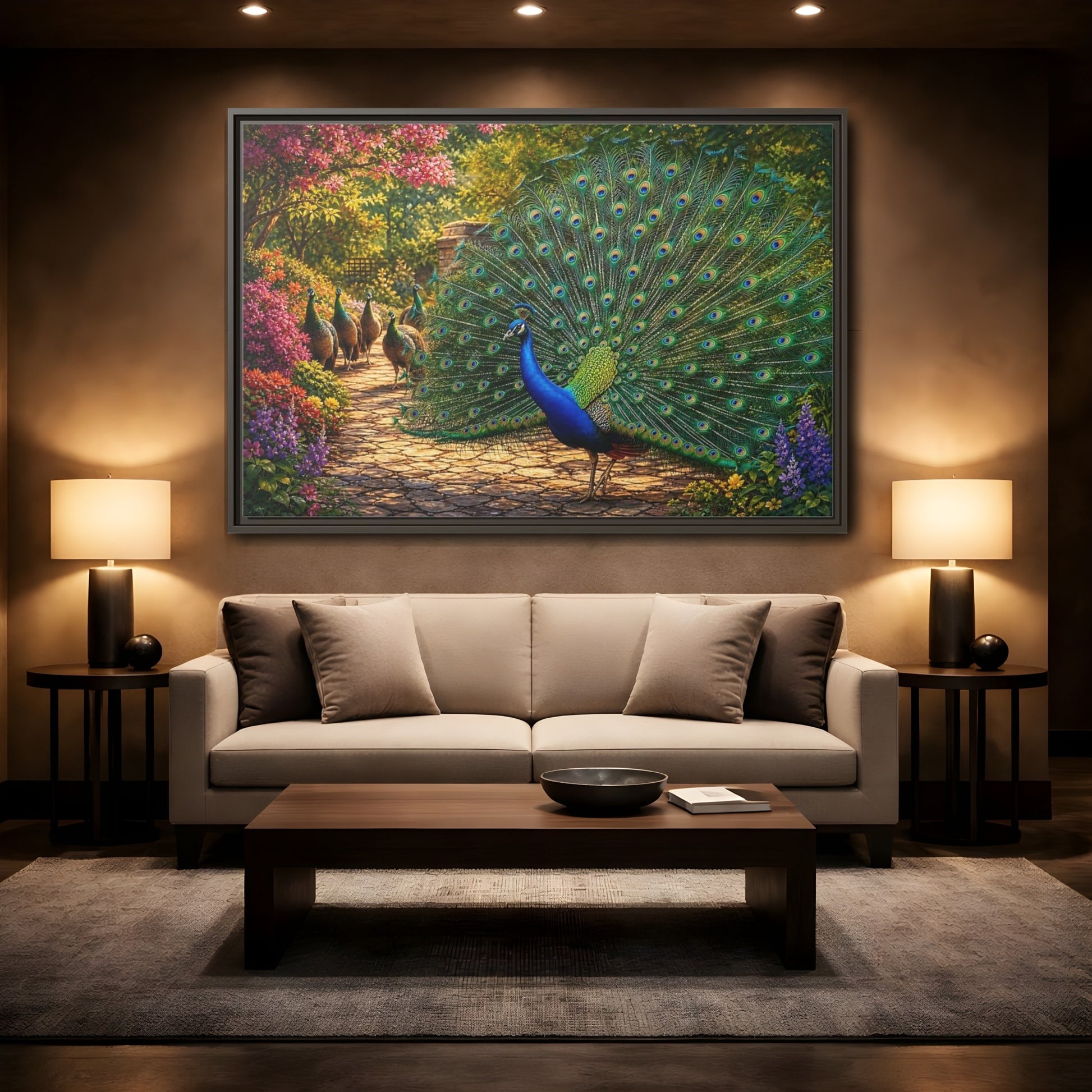 Mockup 2. Animals Peacock Colorful Peacock shown as stretched canvas wall art