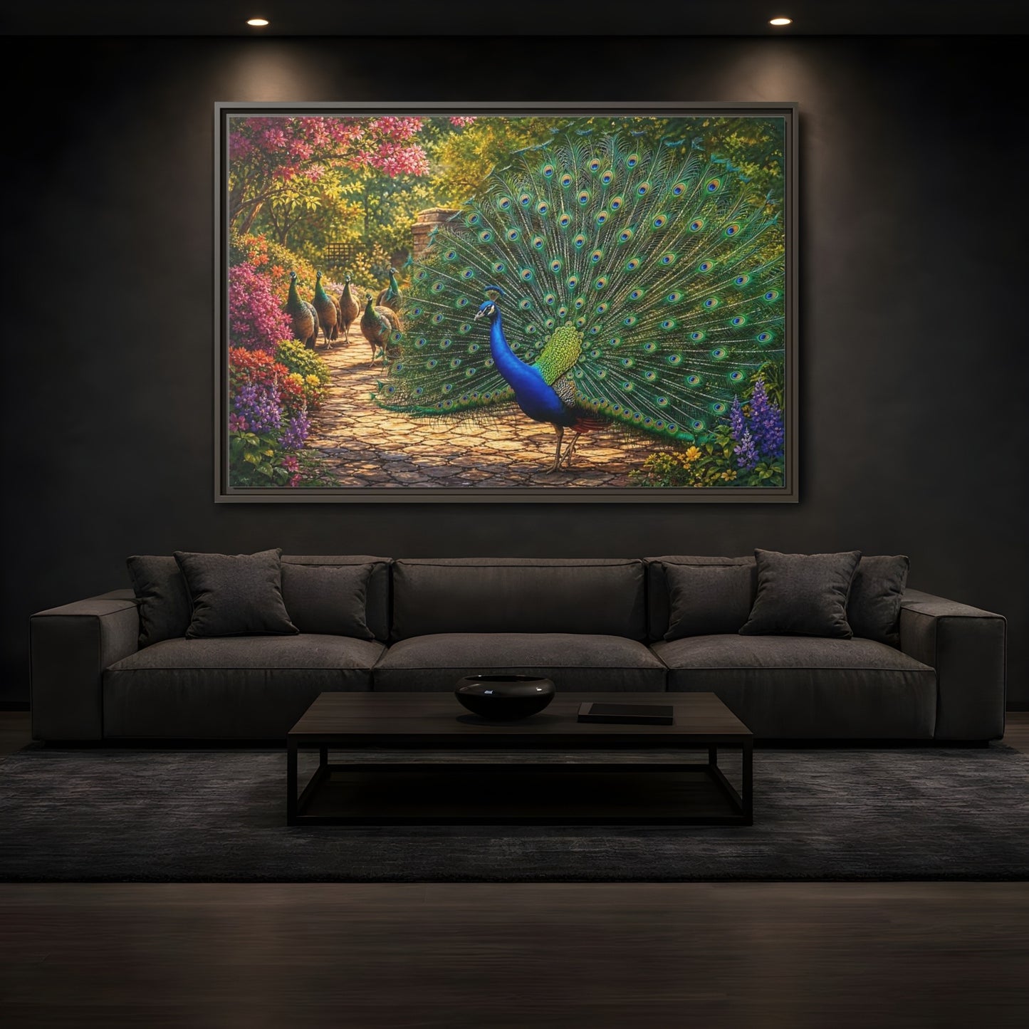 Mockup 3. Animals Peacock Colorful Peacock shown as stretched canvas wall art