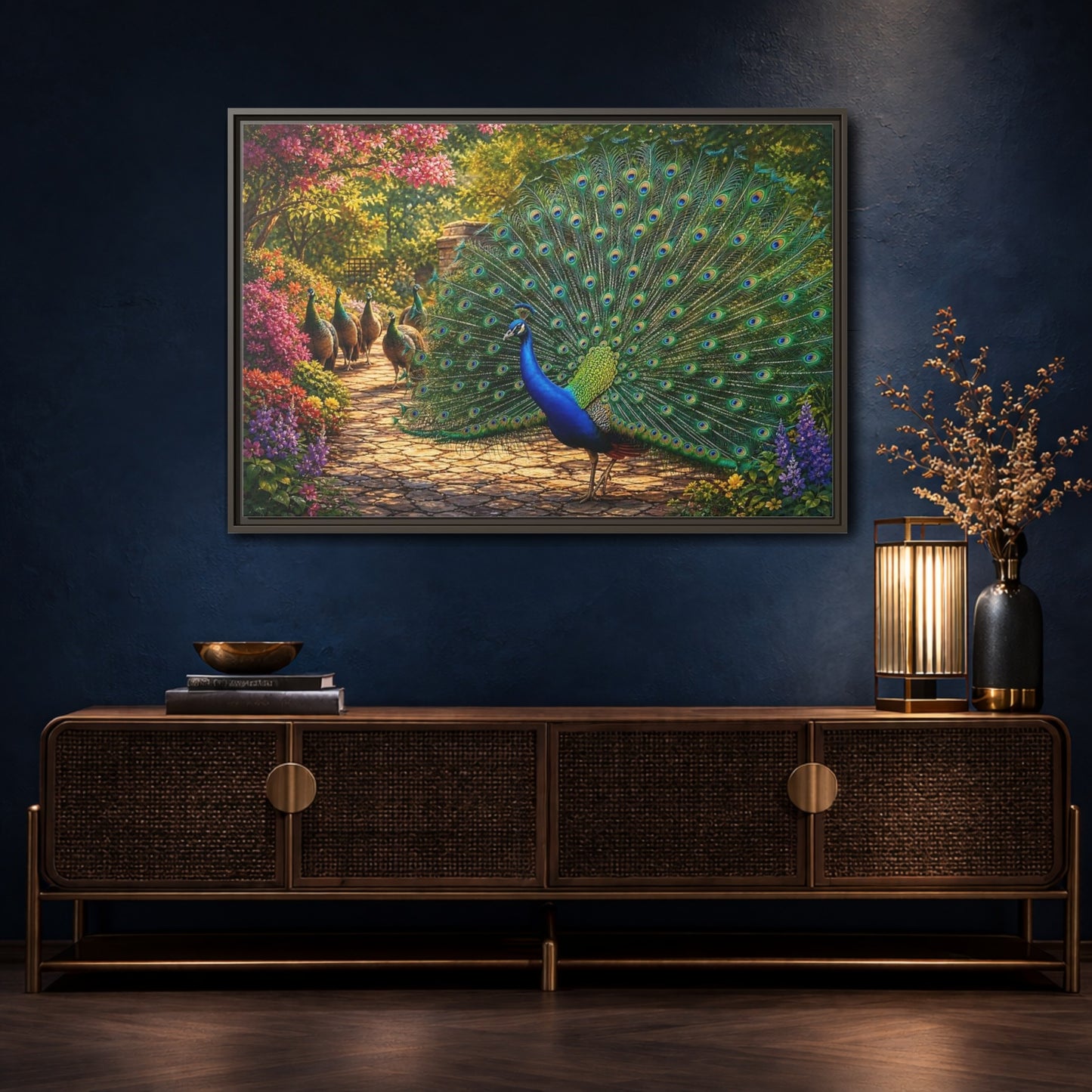 Mockup 4. Animals Peacock Colorful Peacock shown as stretched canvas wall art