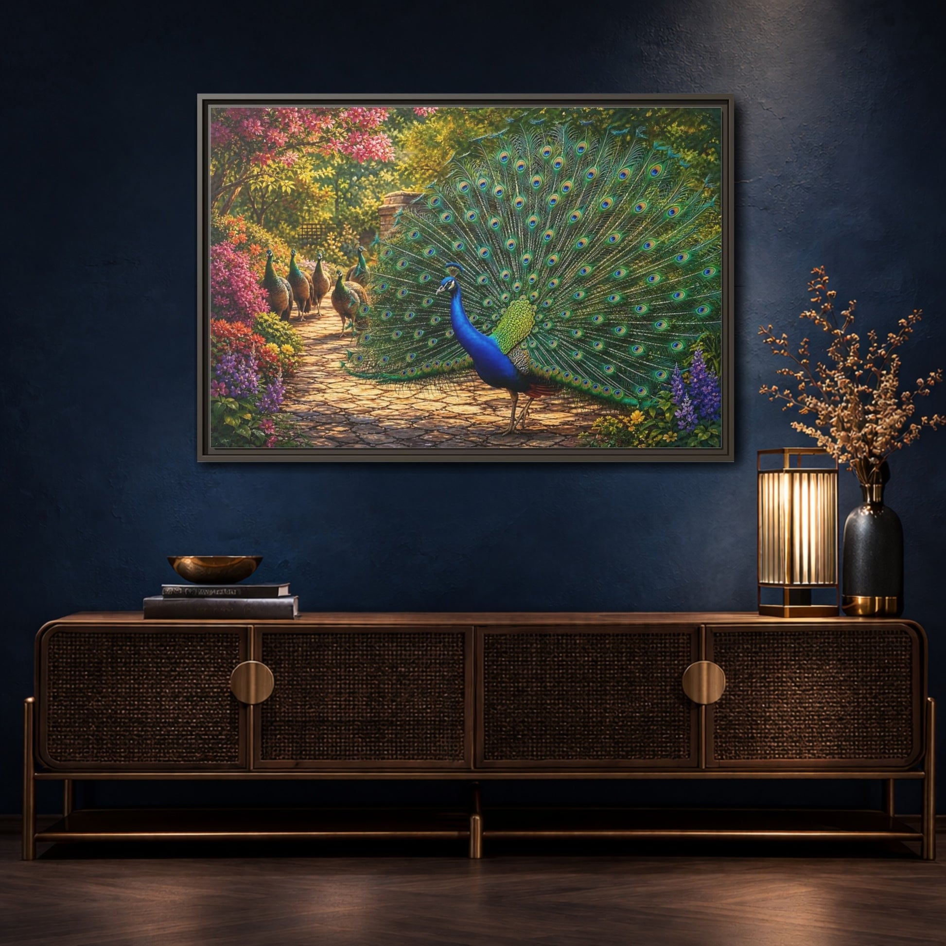 Mockup 4. Animals Peacock Colorful Peacock shown as stretched canvas wall art