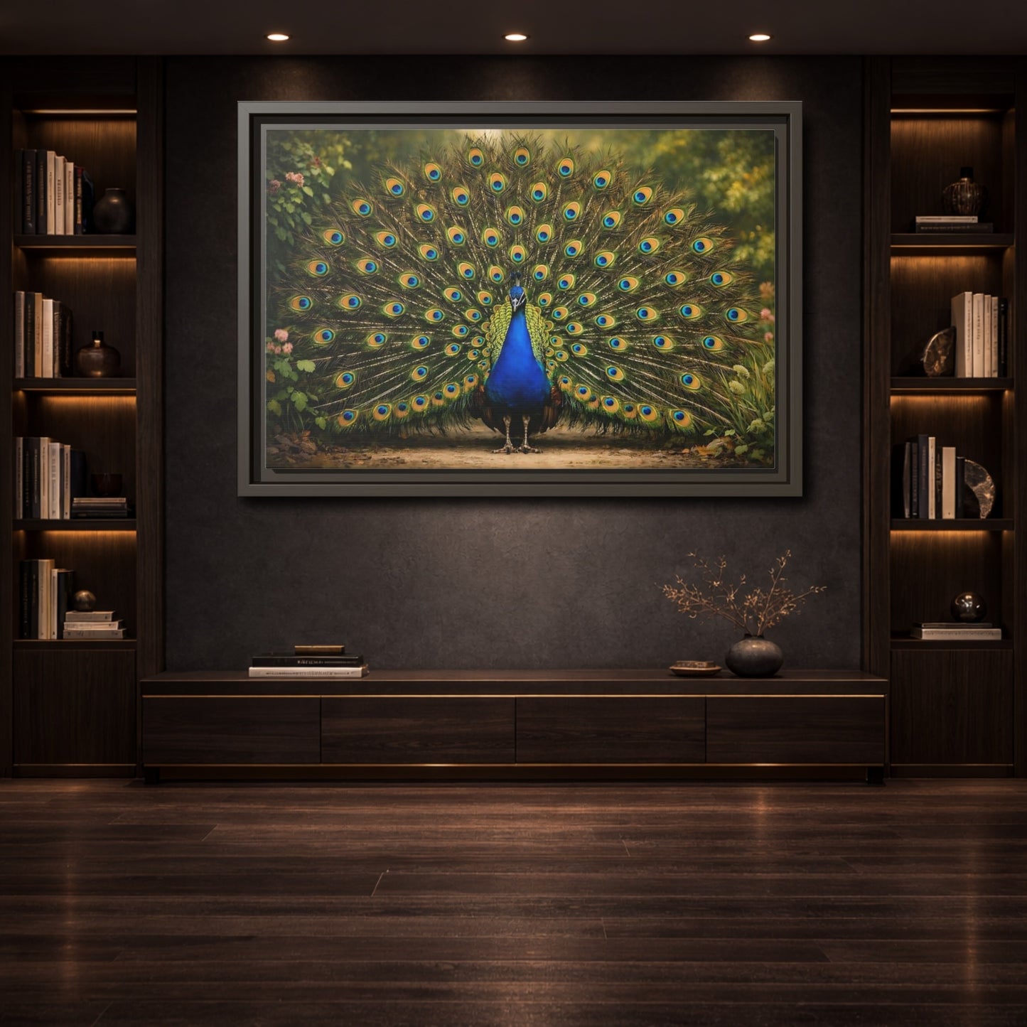 Mockup 3. Animals Peacock Peacock Blue shown as stretched canvas wall art
