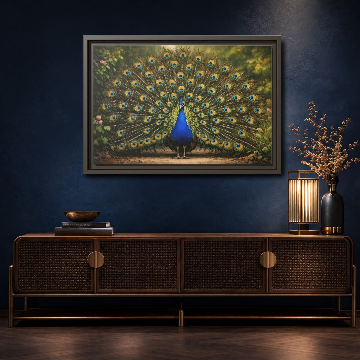 Mockup 4. Animals Peacock Peacock Blue shown as stretched canvas wall art