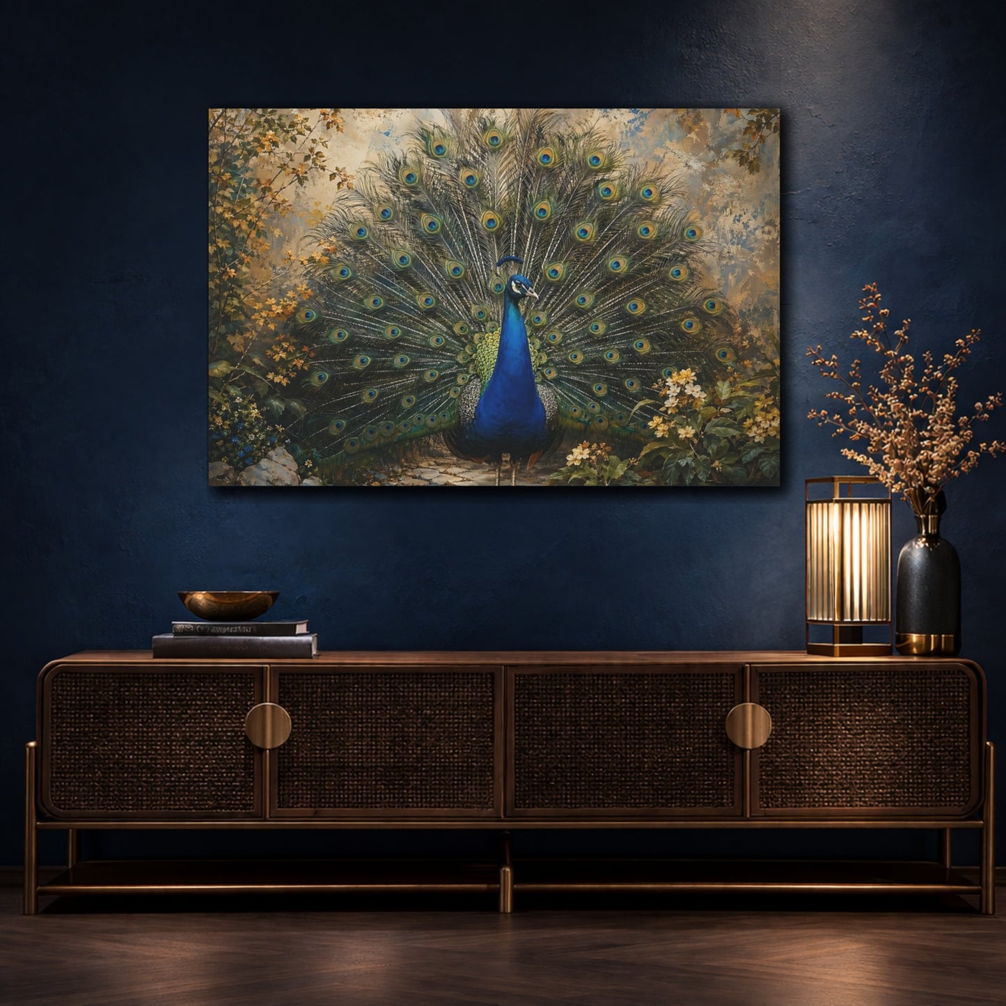 Mockup 4. Animals Peacock Peacock Blue shown as stretched canvas wall art