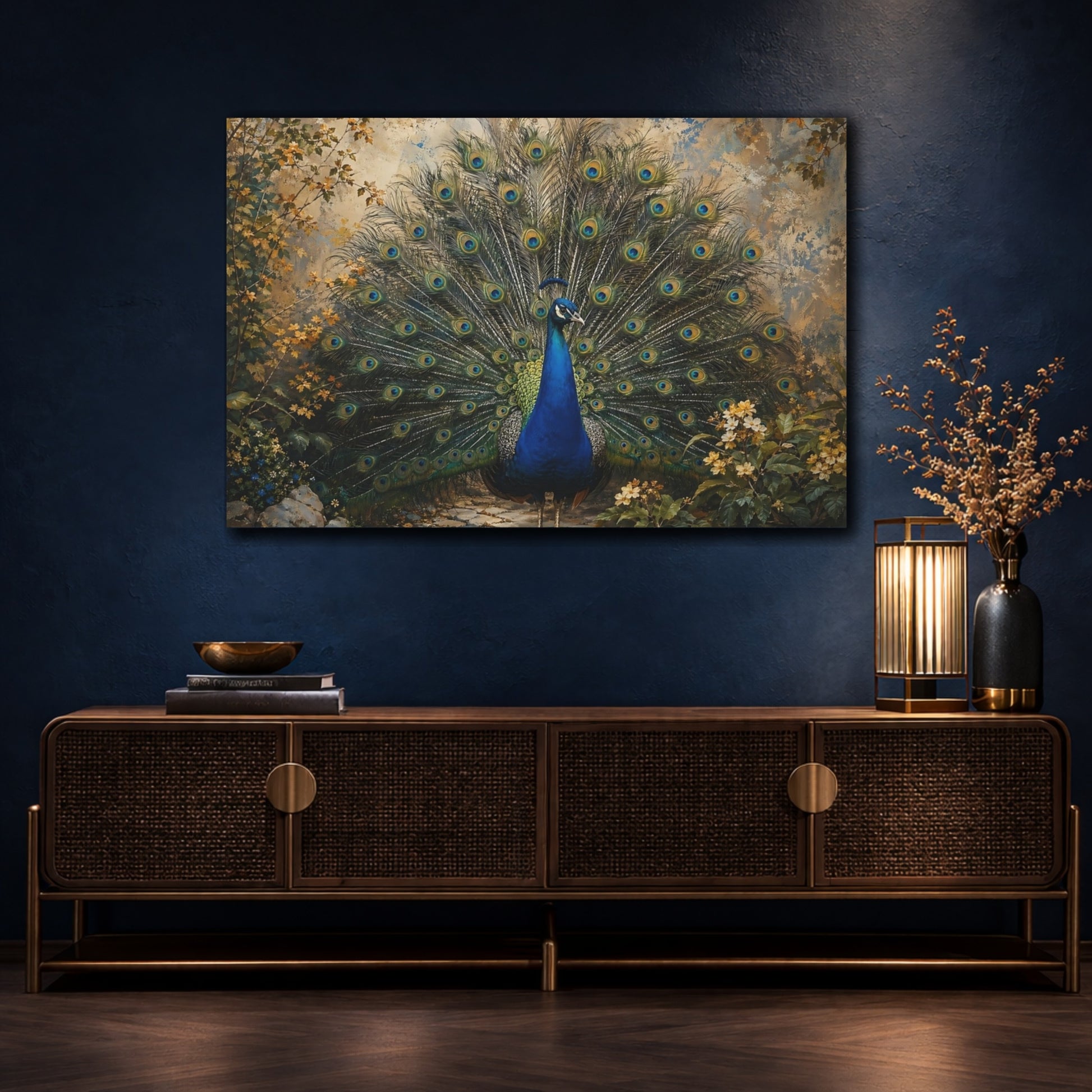 Mockup 4. Animals Peacock Peacock Blue shown as stretched canvas wall art