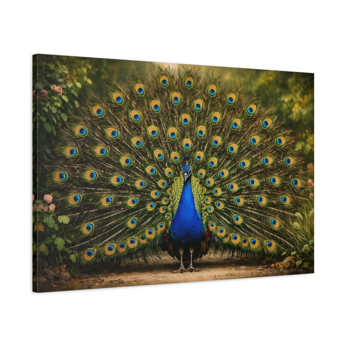 Side Mockup 1. Animals Peacock Vibrant Peacock shown as stretched canvas wall art