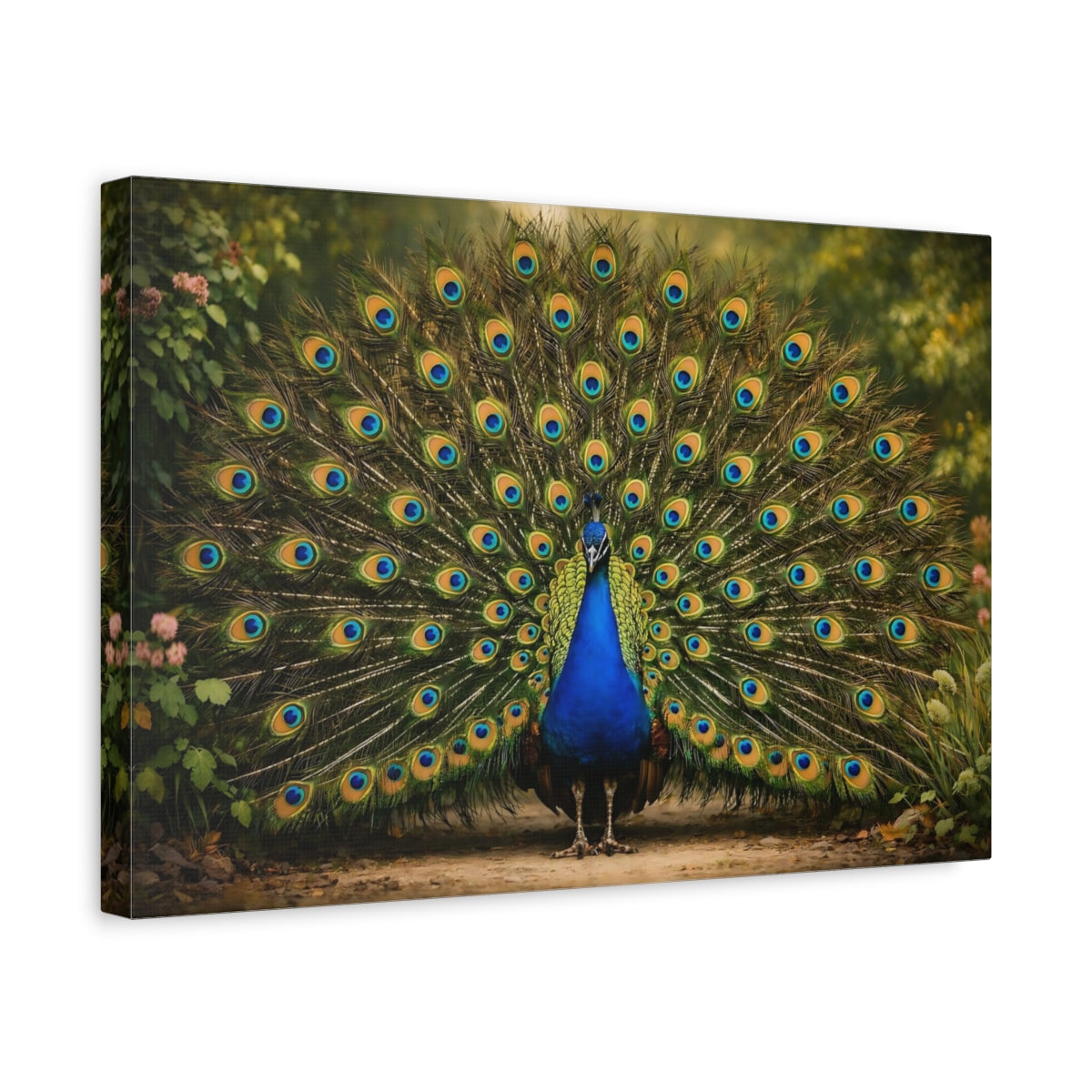 Side Mockup 4. Animals Peacock Vibrant Peacock shown as stretched canvas wall art