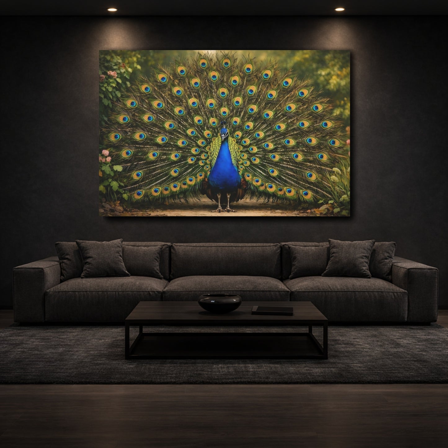 Mockup 2. Animals Peacock Vibrant Peacock shown as stretched canvas wall art