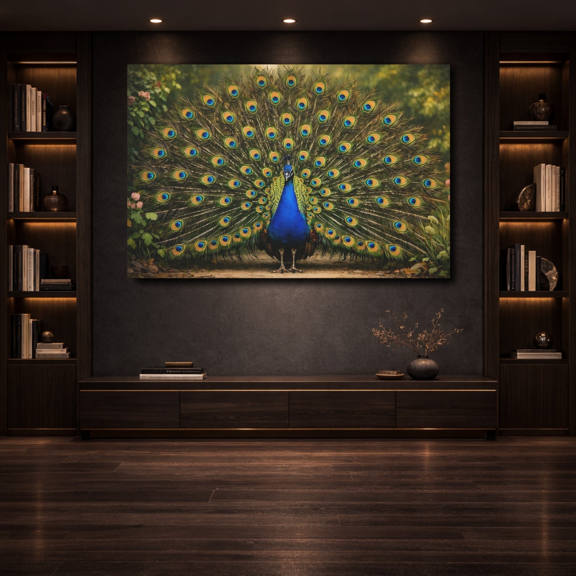 Mockup 3. Animals Peacock Vibrant Peacock shown as stretched canvas wall art
