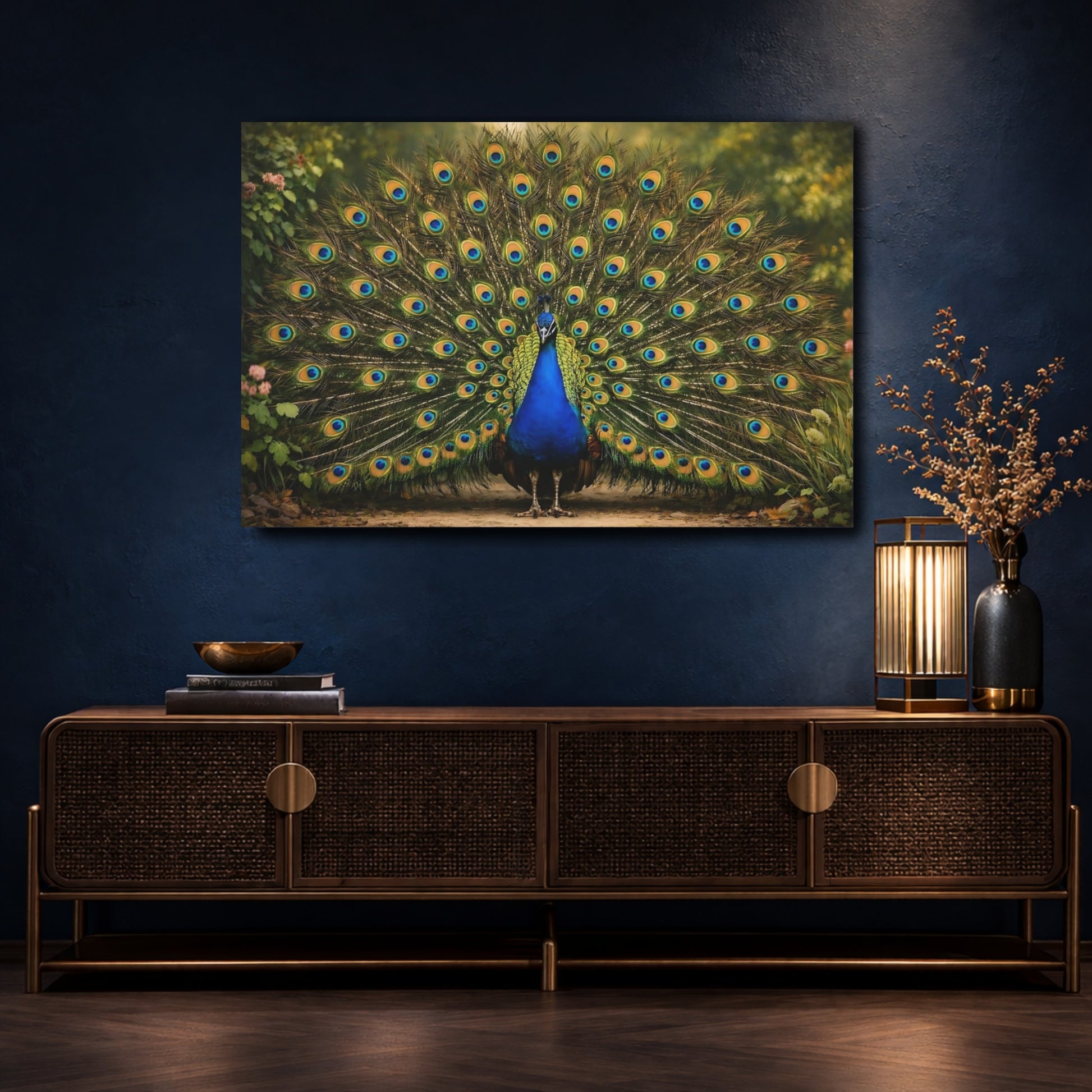 Mockup 4. Animals Peacock Vibrant Peacock shown as stretched canvas wall art