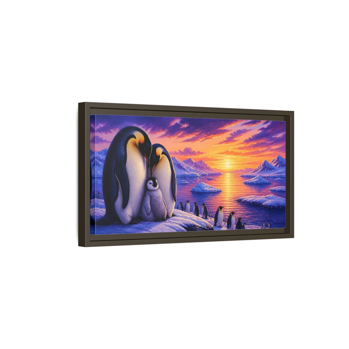 Side Mockup 7. Animals Penguin Family Sunset shown as framed canvas print