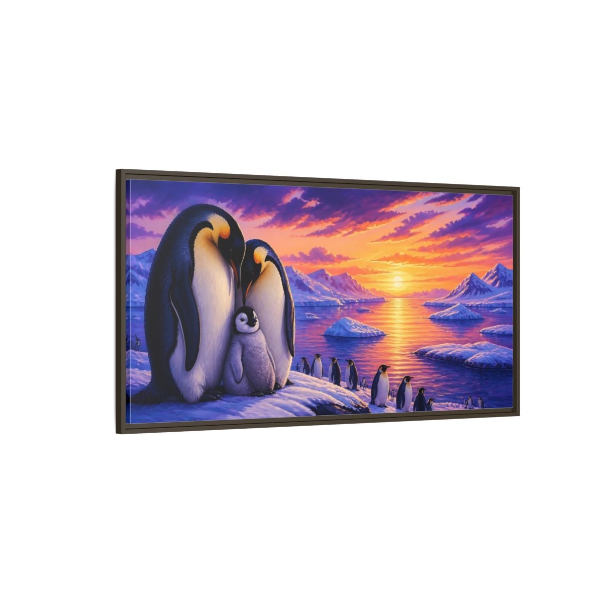 Side Mockup 4. Animals Penguin Family Sunset shown as framed canvas print
