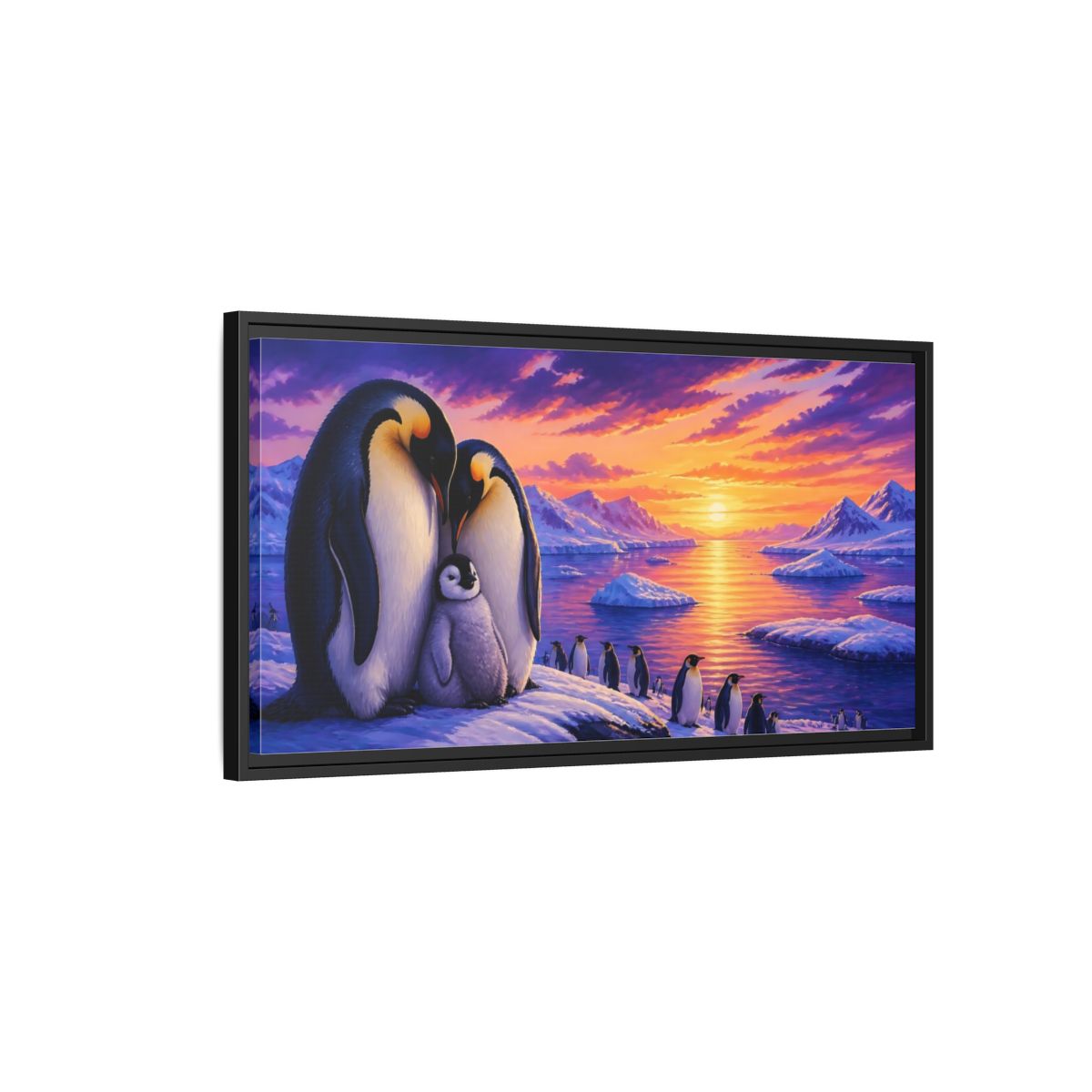 Side Mockup 2. Animals Penguin Family Sunset shown as framed canvas print