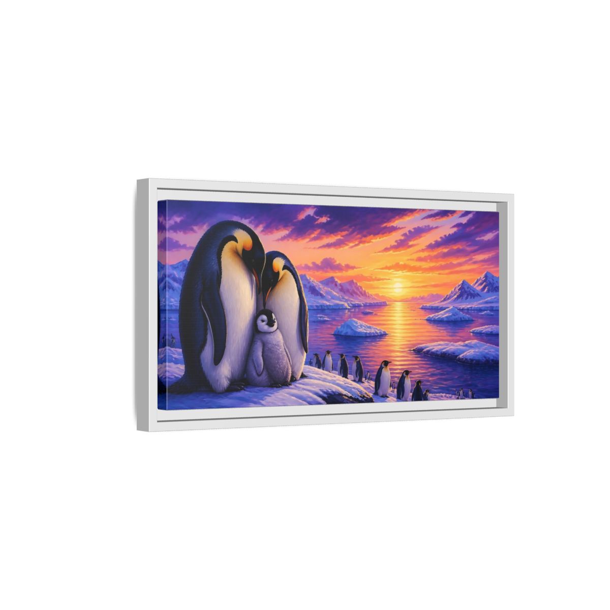 Side Mockup 6. Animals Penguin Family Sunset shown as framed canvas print