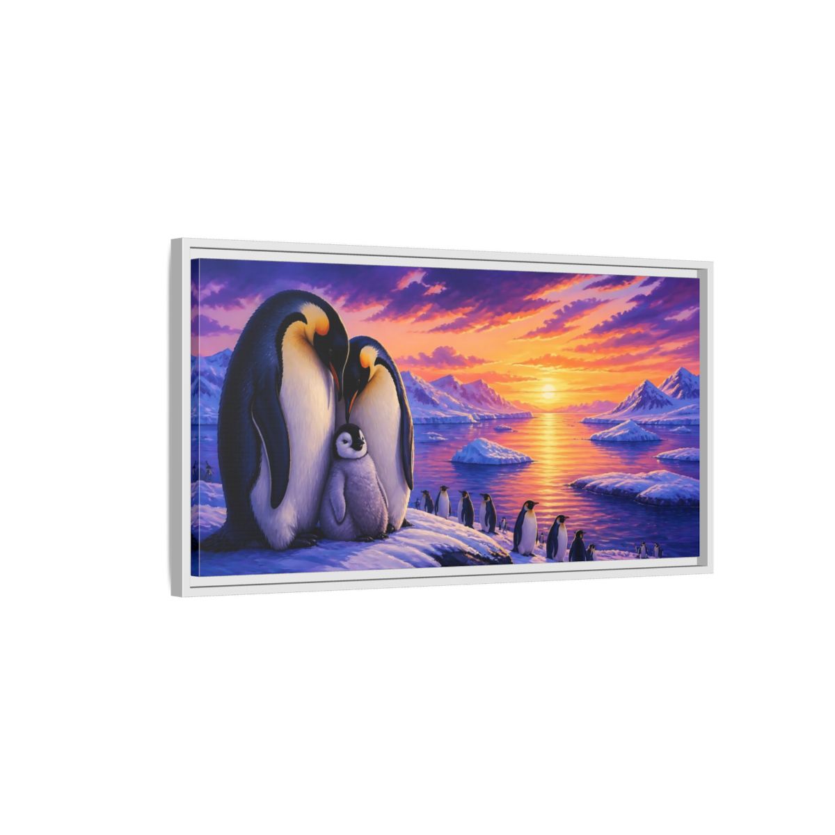 Side Mockup 1. Animals Penguin Family Sunset shown as framed canvas print