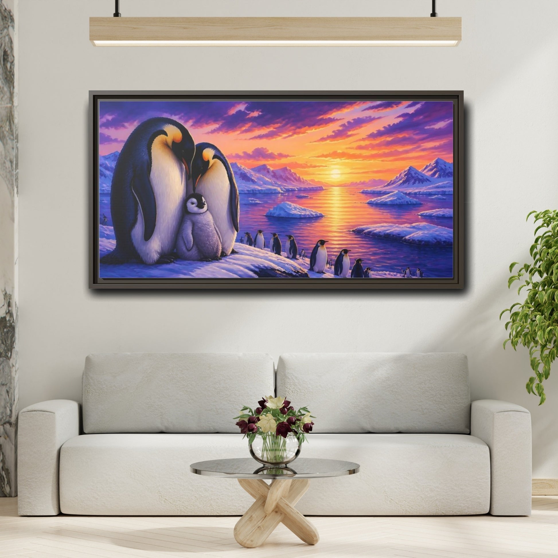 Mockup 2. Animals Penguin Family Sunset shown as framed canvas print