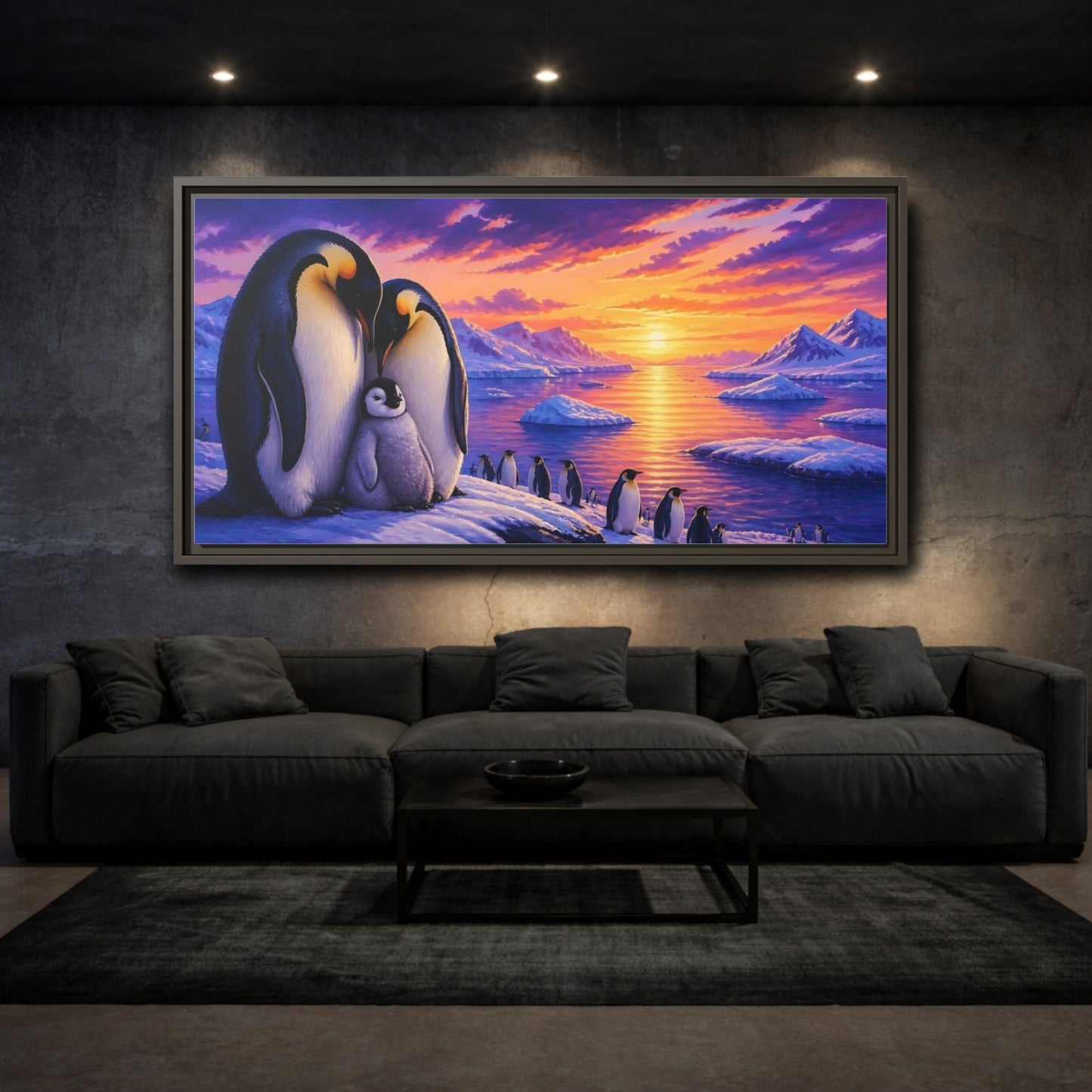 Mockup 3. Animals Penguin Family Sunset shown as framed canvas print