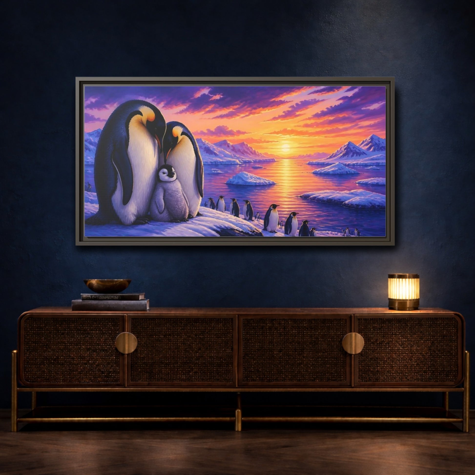Mockup 4. Animals Penguin Family Sunset shown as framed canvas print