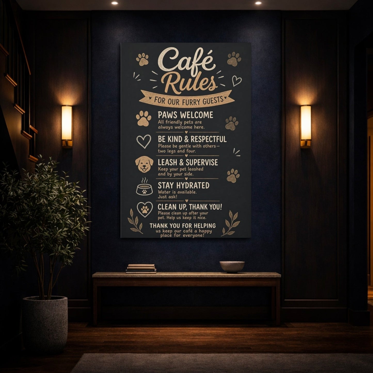 Animals Pet Rules Black And Gold Canvas Wall Art Print – Rustic Kitchen, Dining Area - YesArtYes