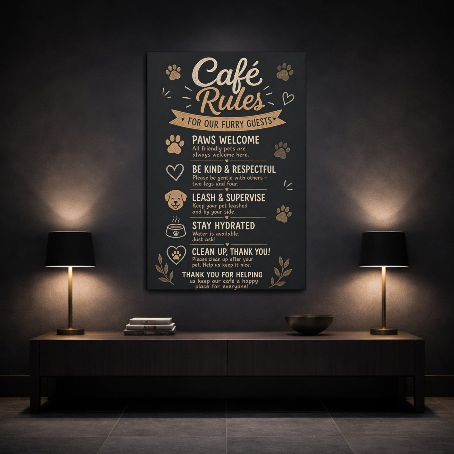 Animals Pet Rules Black And Gold Canvas Wall Art Print – Rustic Kitchen, Dining Area - YesArtYes
