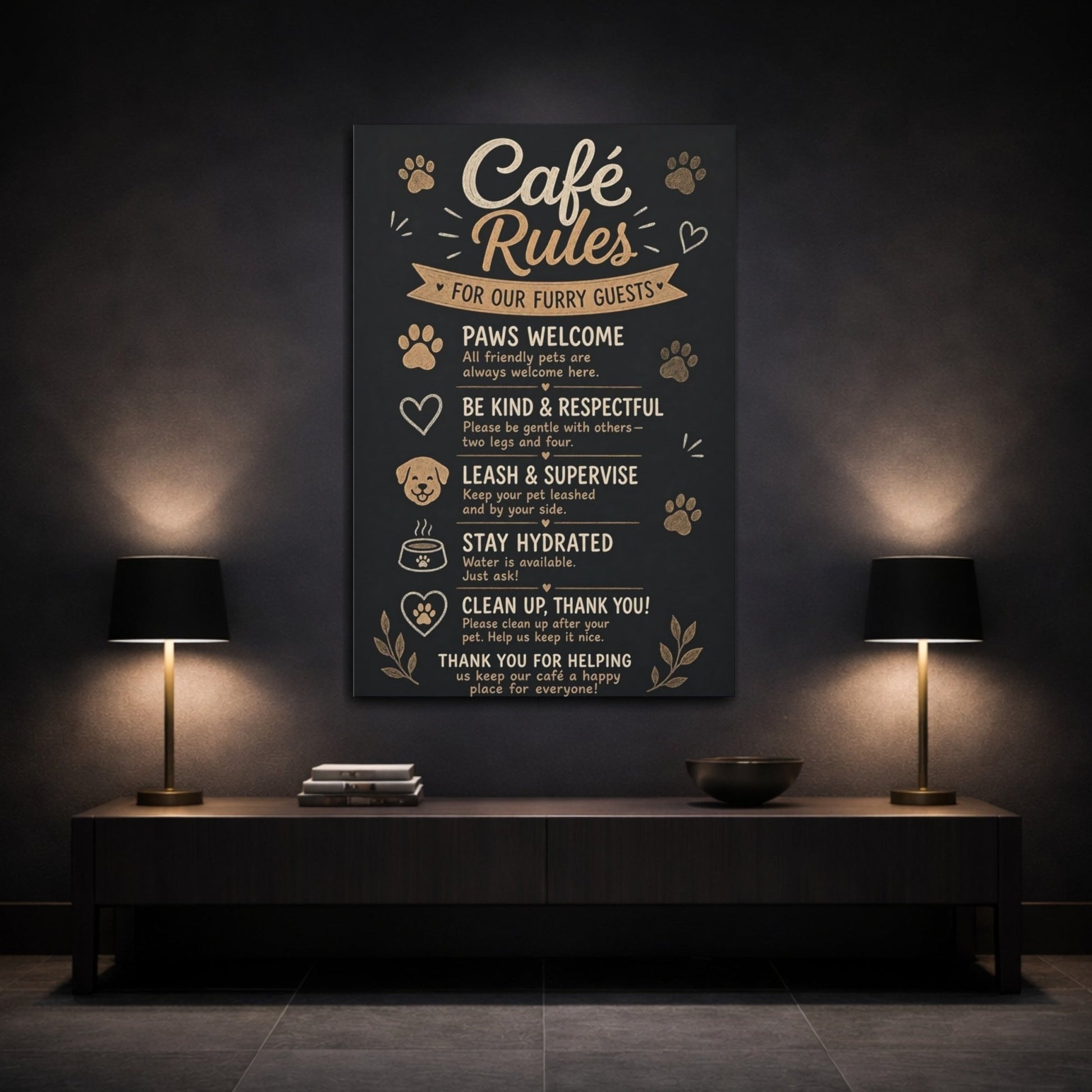 Animals Pet Rules Black And Gold Canvas Wall Art Print – Rustic Kitchen, Dining Area - YesArtYes