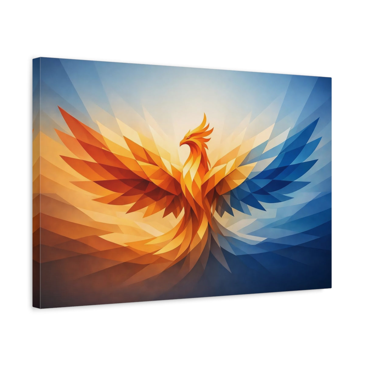 Side Mockup 3. Animals Phoenix Orange And Blue shown as stretched canvas wall art