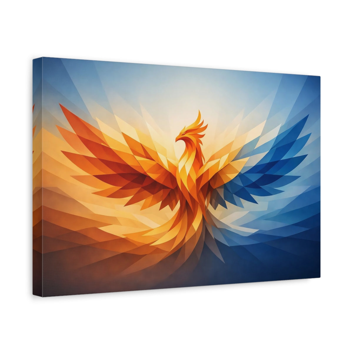Side Mockup 4. Animals Phoenix Orange And Blue shown as stretched canvas wall art