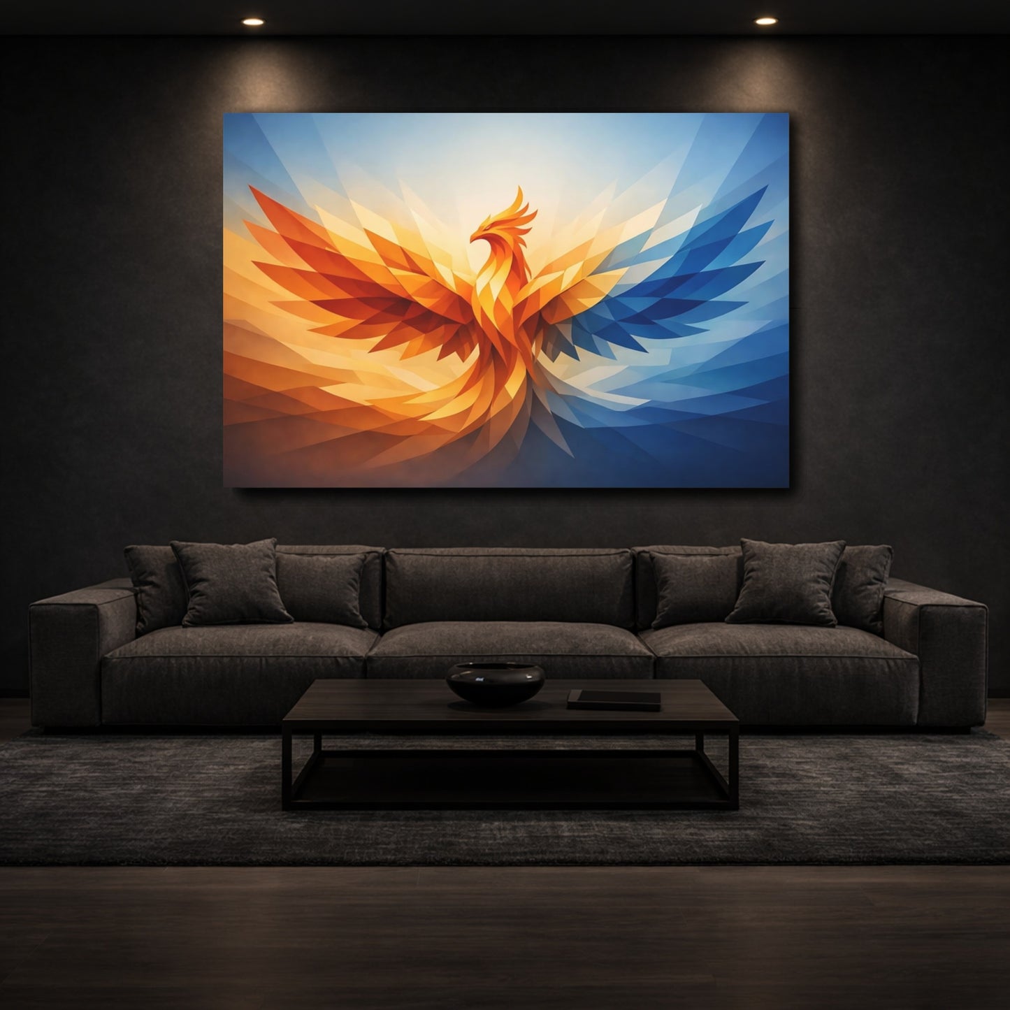 Mockup 2. Animals Phoenix Orange And Blue shown as stretched canvas wall art