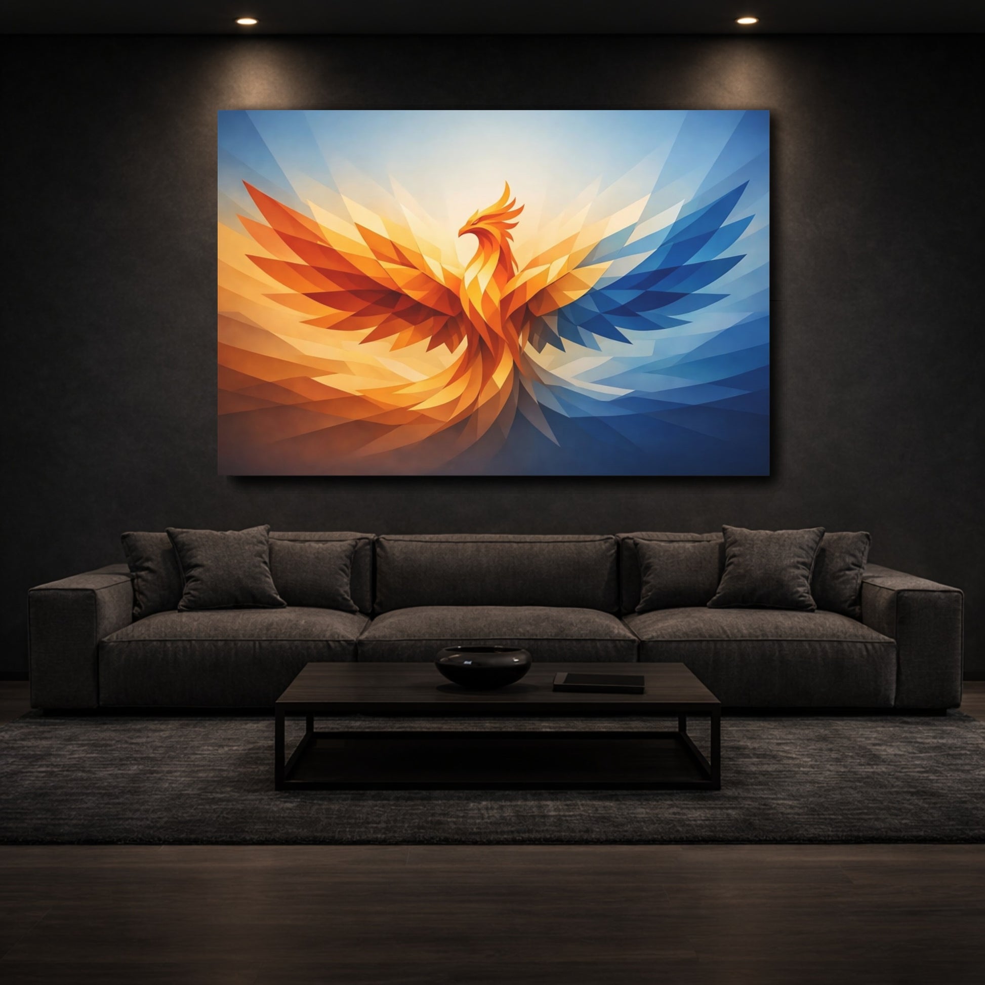 Mockup 2. Animals Phoenix Orange And Blue shown as stretched canvas wall art