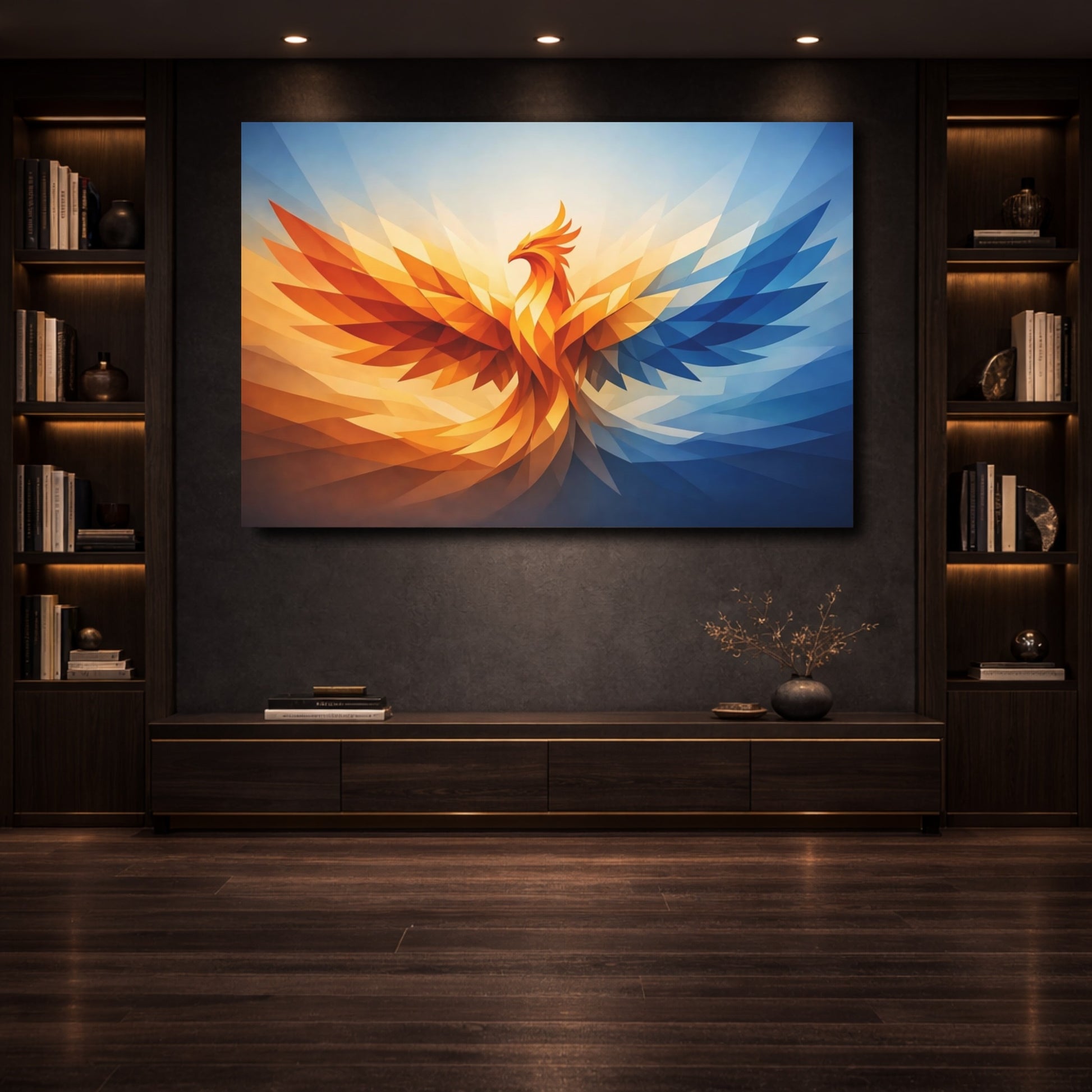 Mockup 3. Animals Phoenix Orange And Blue shown as stretched canvas wall art