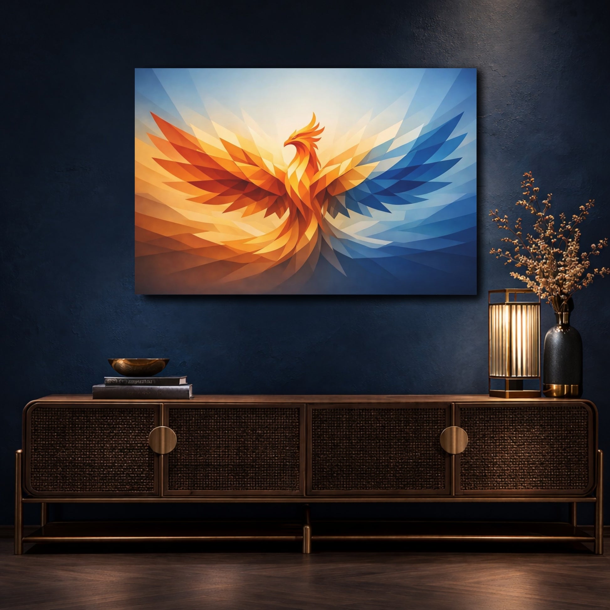Mockup 4. Animals Phoenix Orange And Blue shown as stretched canvas wall art