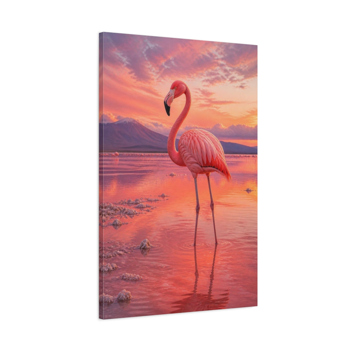 Main Mockup. Animals Pink Flamingo At Sunset shown as canvas print