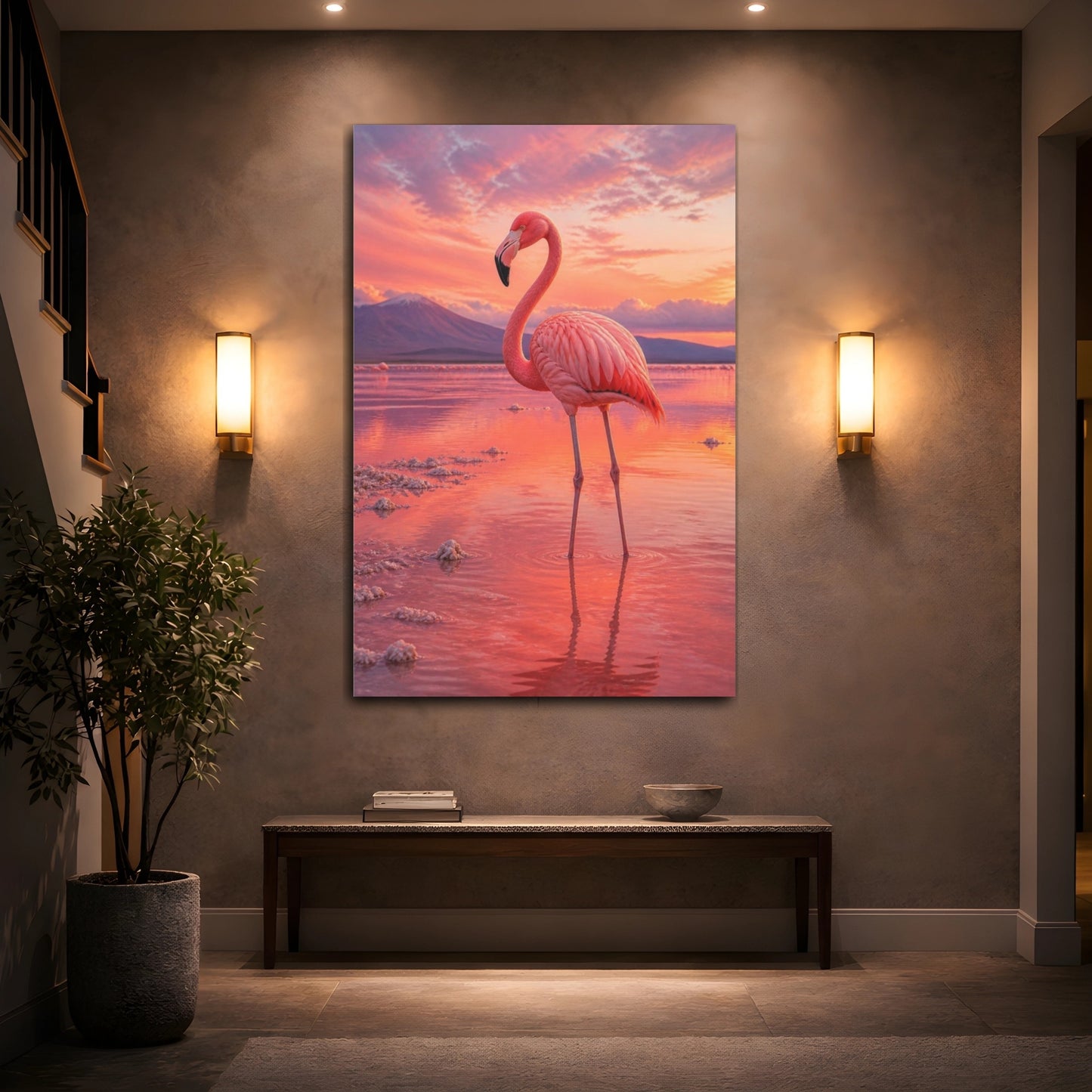 Mockup 2. Animals Pink Flamingo At Sunset shown as canvas print