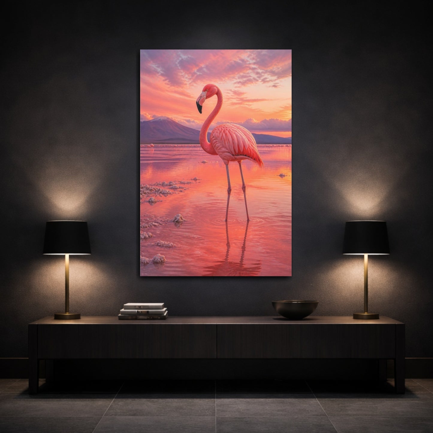 Mockup 3. Animals Pink Flamingo At Sunset shown as canvas print
