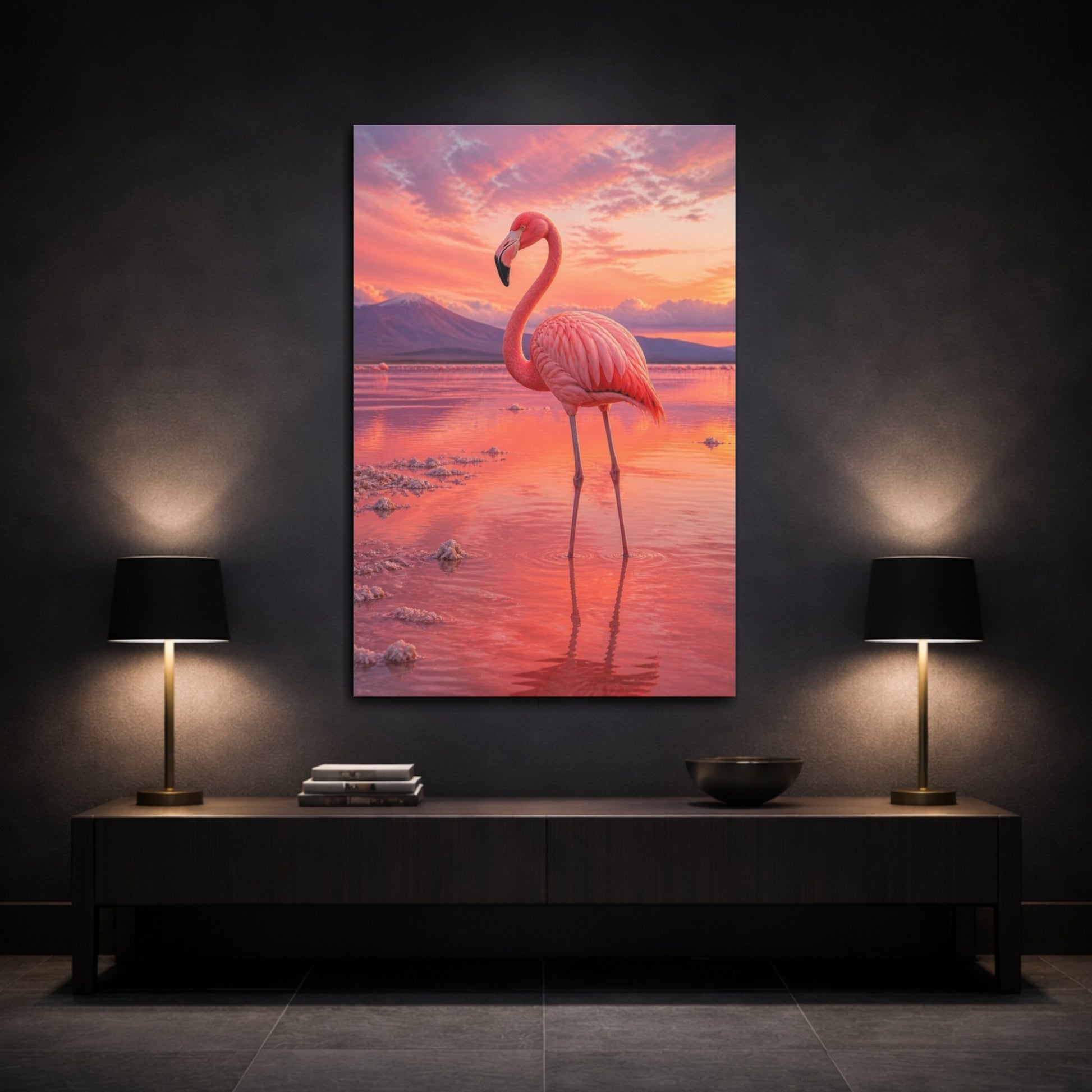 Mockup 3. Animals Pink Flamingo At Sunset shown as canvas print