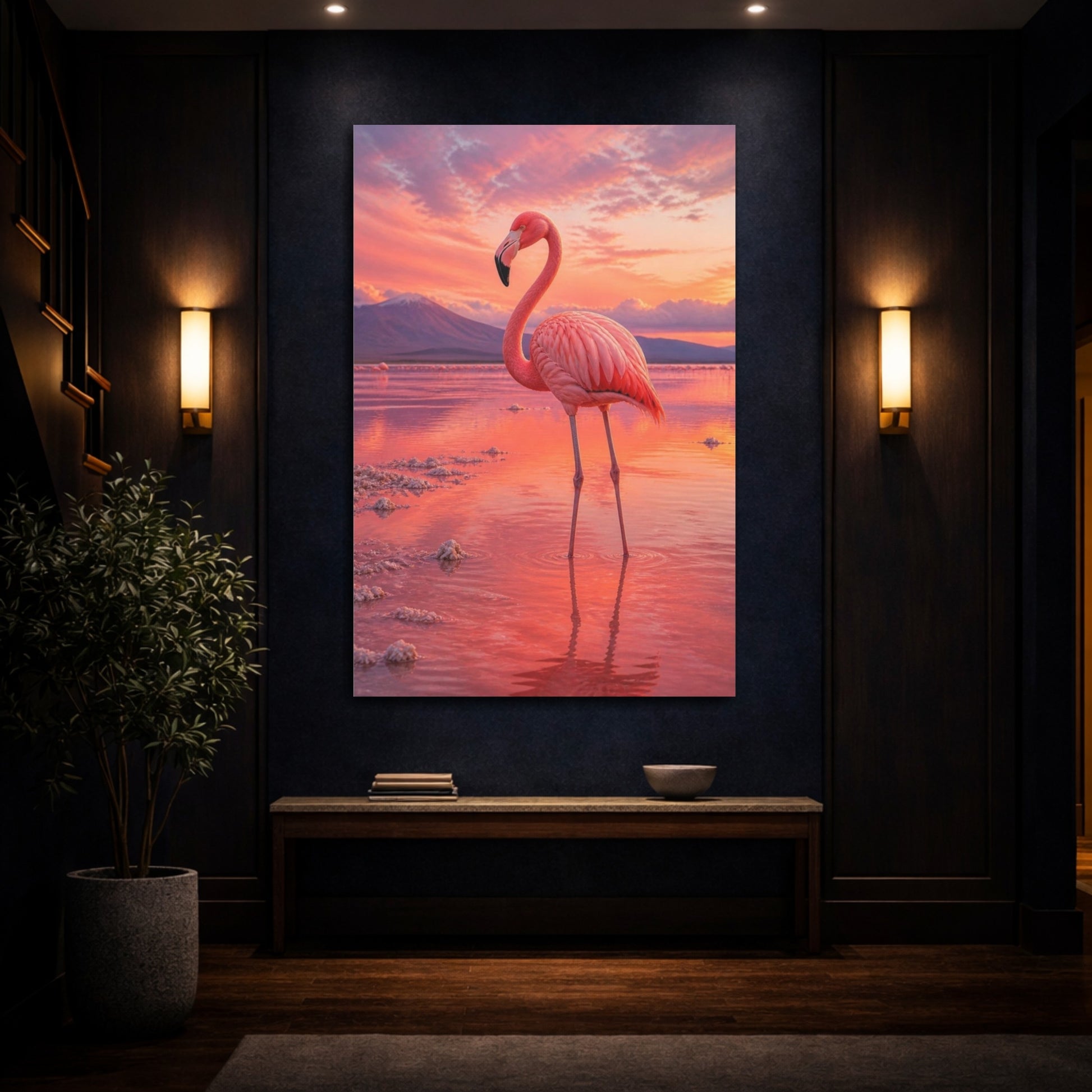 Mockup 4. Animals Pink Flamingo At Sunset shown as canvas print