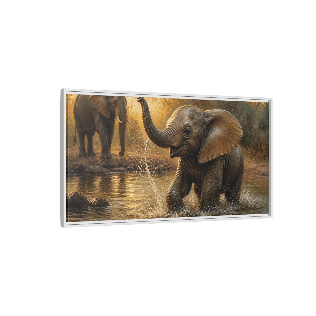 Side Mockup 3. Animals Playful Elephant Calf Splash shown as framed canvas print