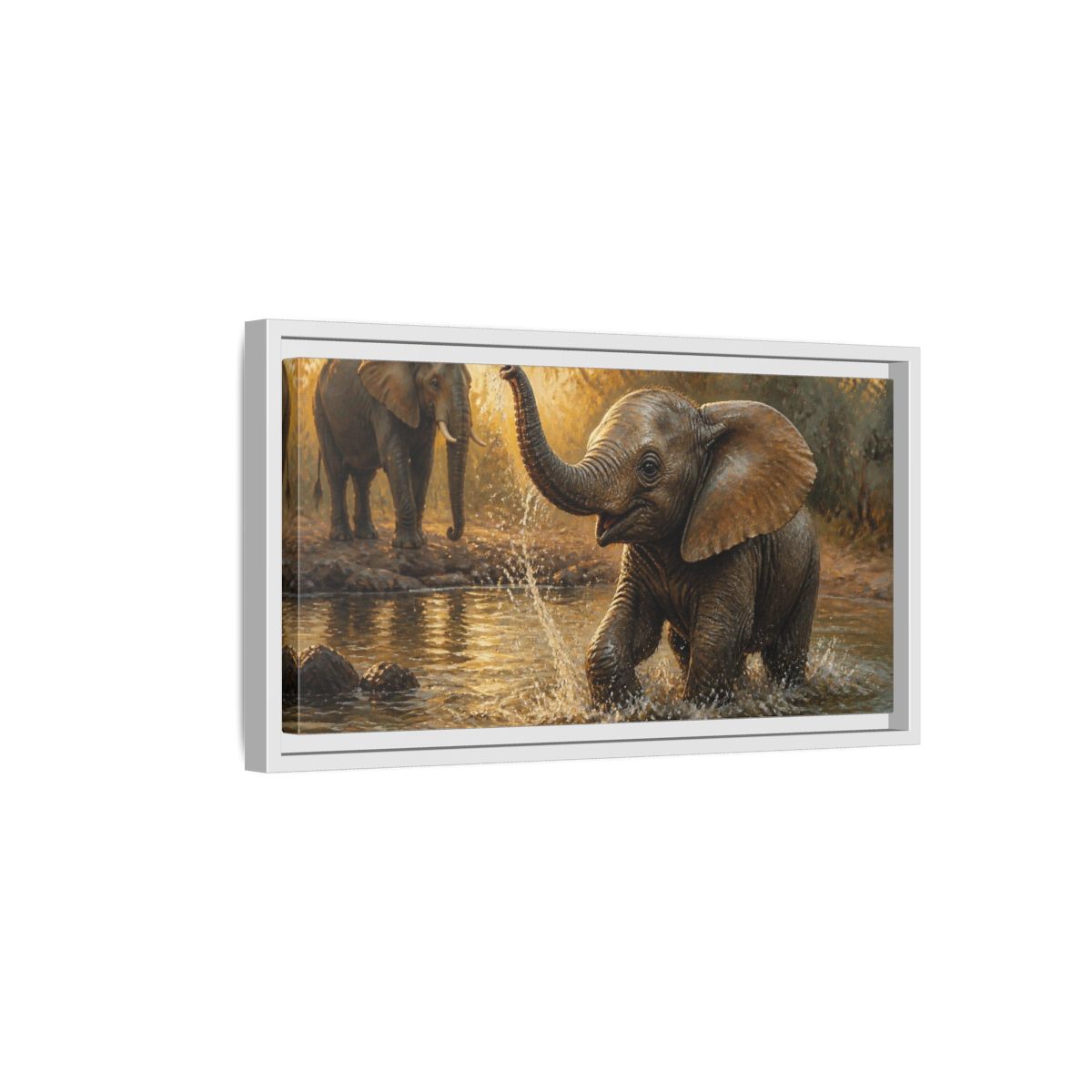 Side Mockup 6. Animals Playful Elephant Calf Splash shown as framed canvas print