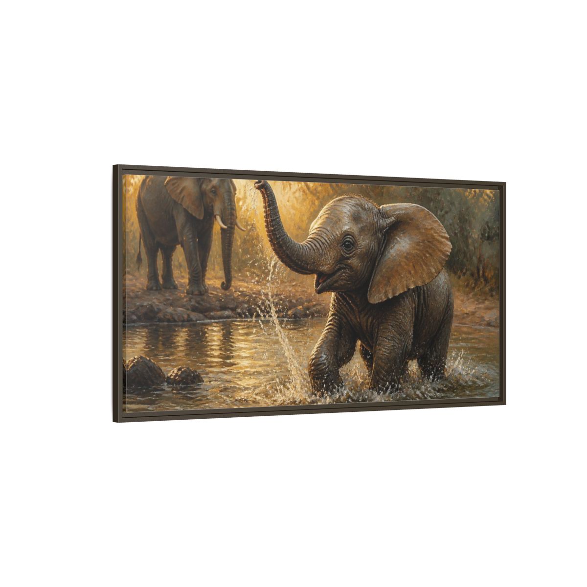 Side Mockup 4. Animals Playful Elephant Calf Splash shown as framed canvas print