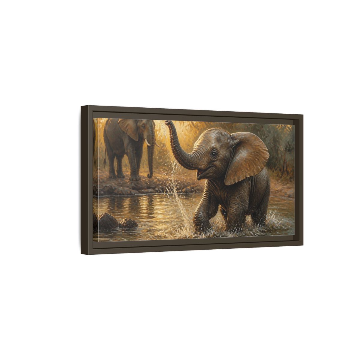Side Mockup 7. Animals Playful Elephant Calf Splash shown as framed canvas print