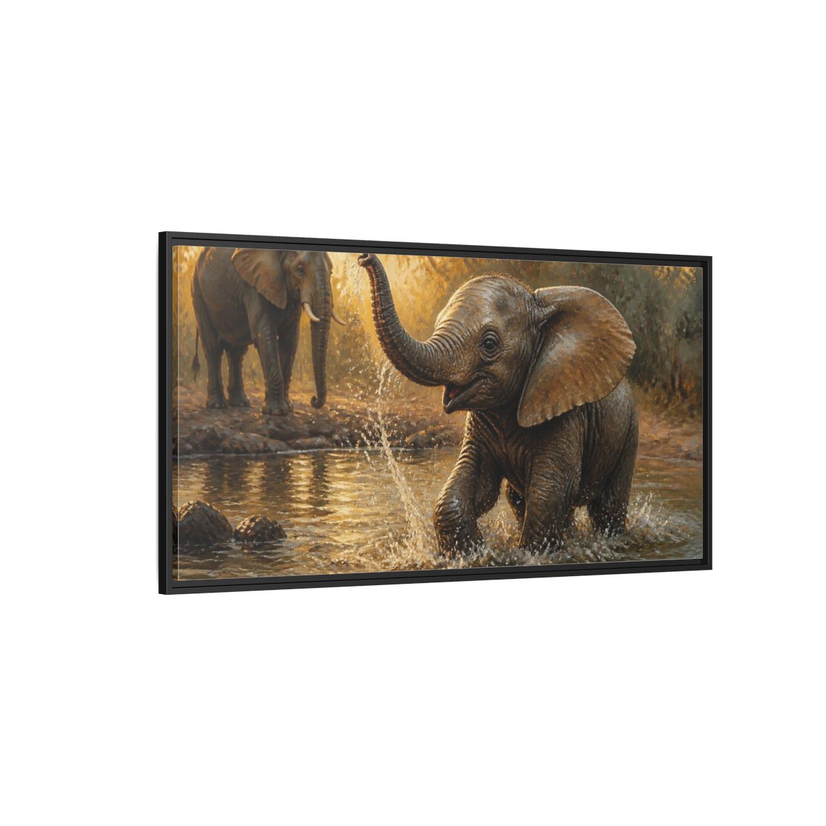 Side Mockup 5. Animals Playful Elephant Calf Splash shown as framed canvas print