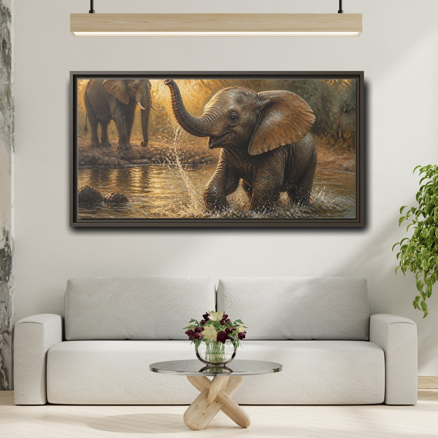 Mockup 2. Animals Playful Elephant Calf Splash shown as framed canvas print