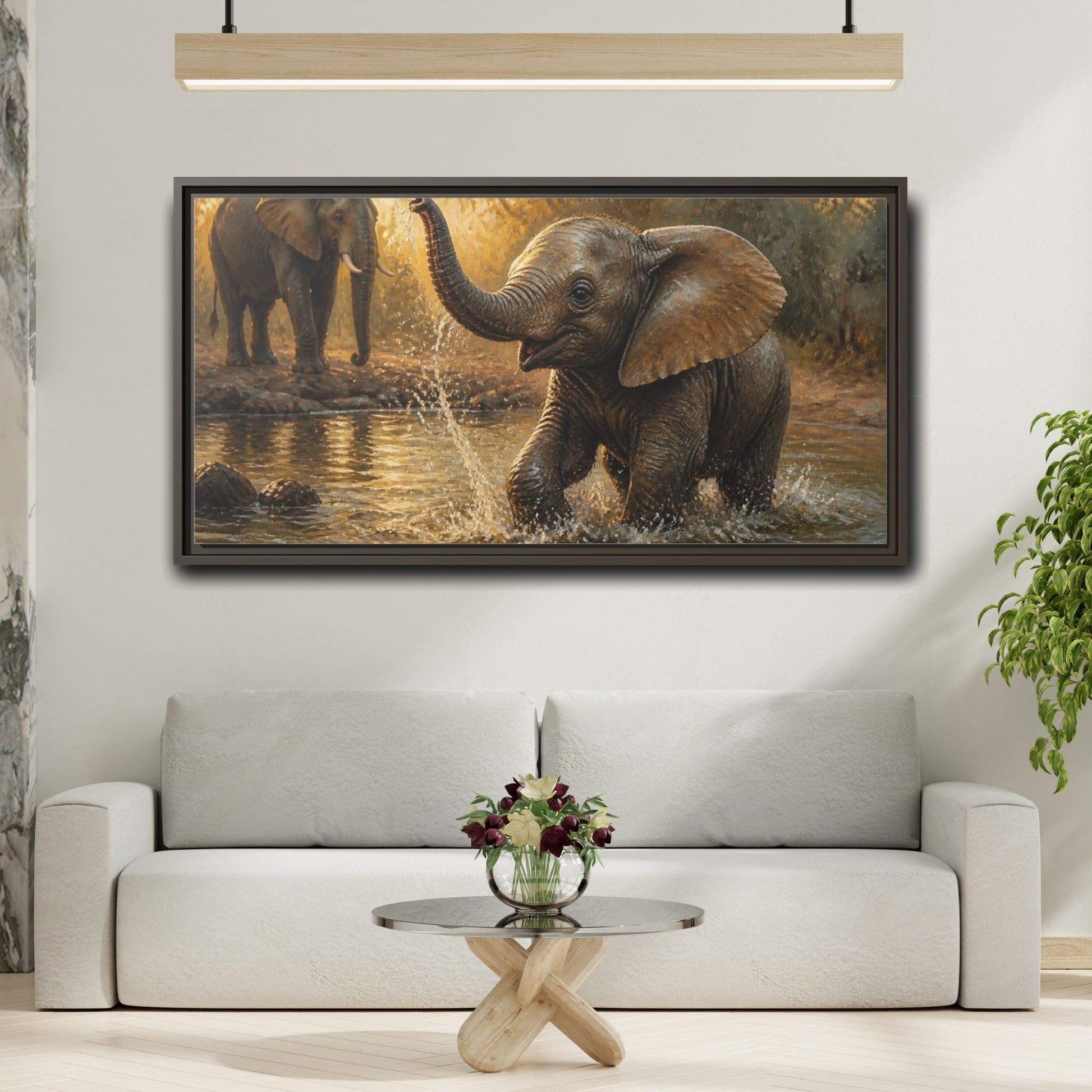 Mockup 2. Animals Playful Elephant Calf Splash shown as framed canvas print