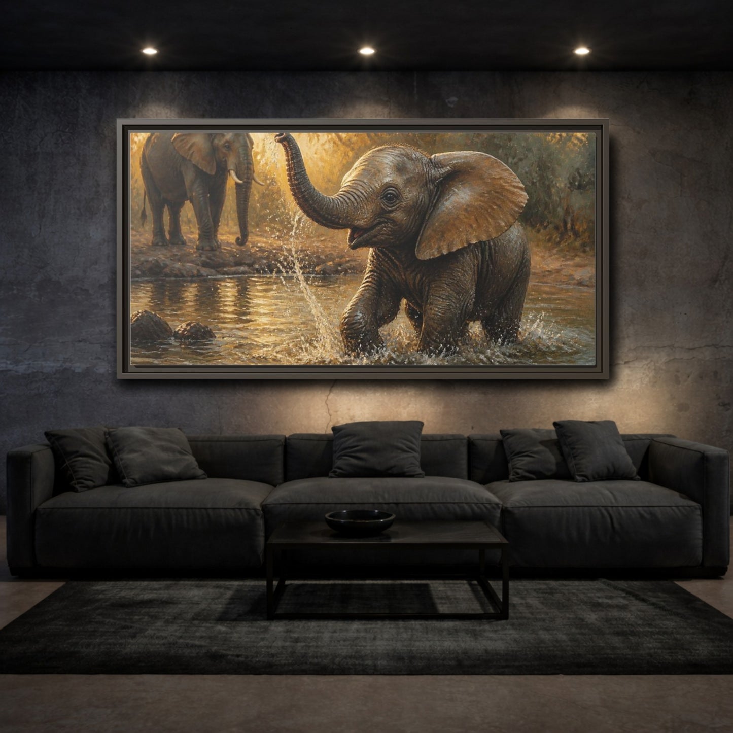 Mockup 3. Animals Playful Elephant Calf Splash shown as framed canvas print