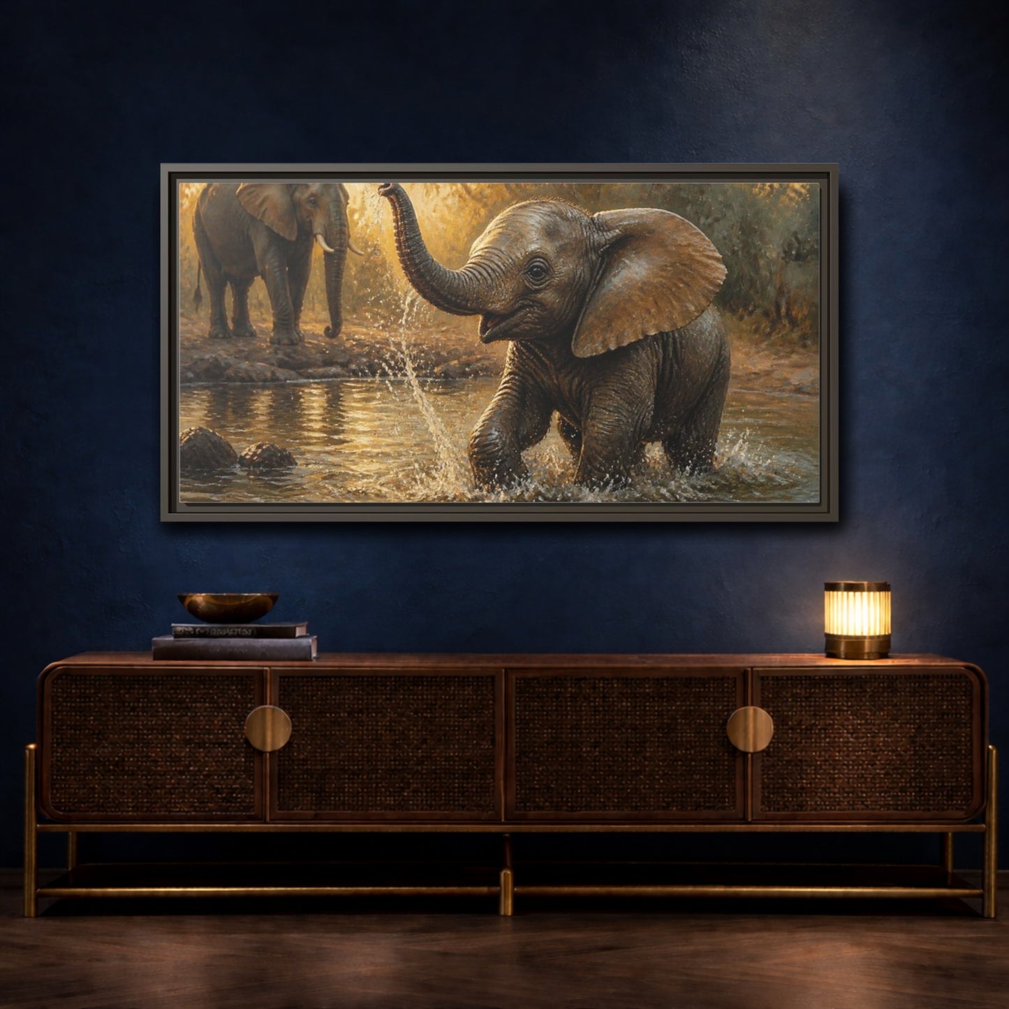 Mockup 4. Animals Playful Elephant Calf Splash shown as framed canvas print