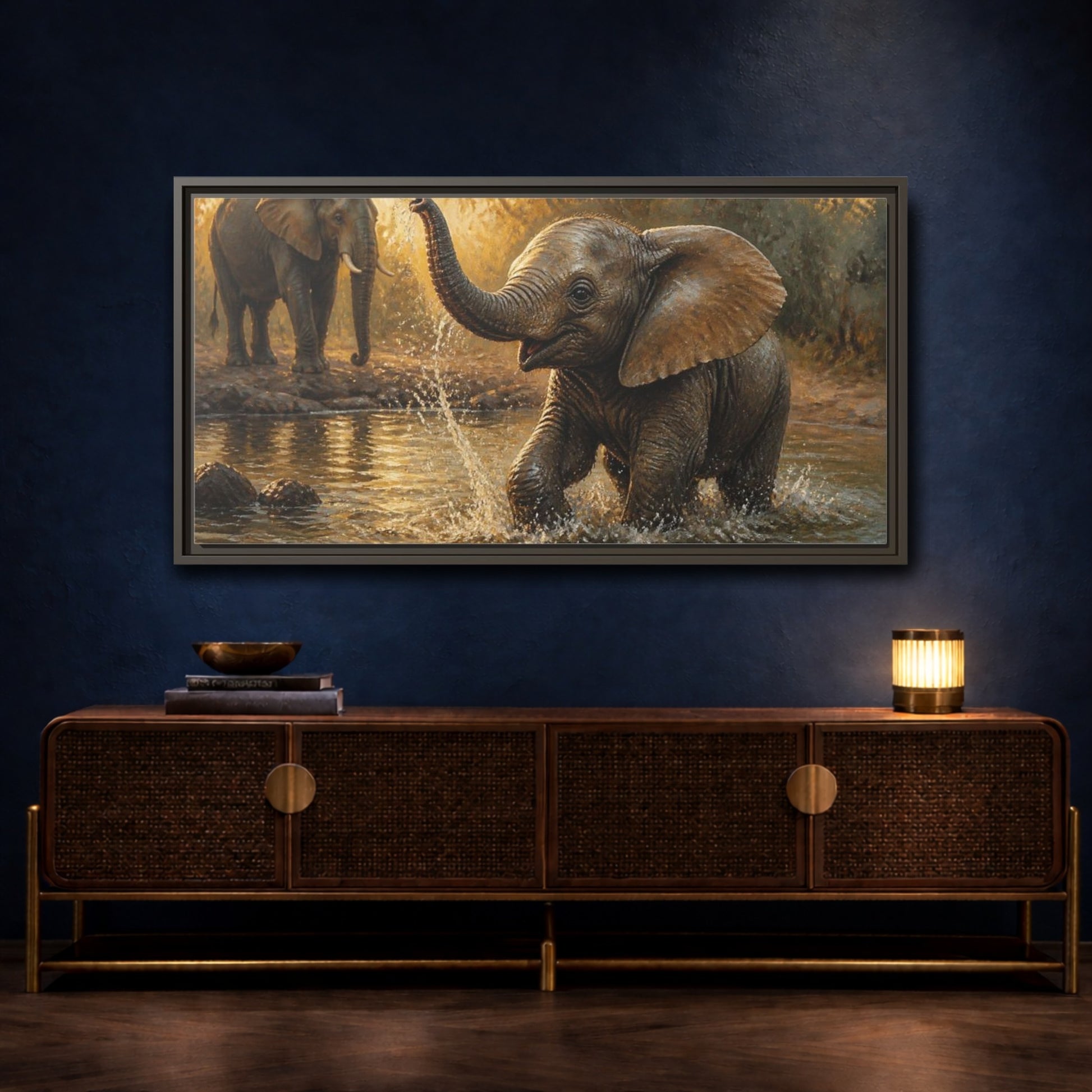 Mockup 4. Animals Playful Elephant Calf Splash shown as framed canvas print