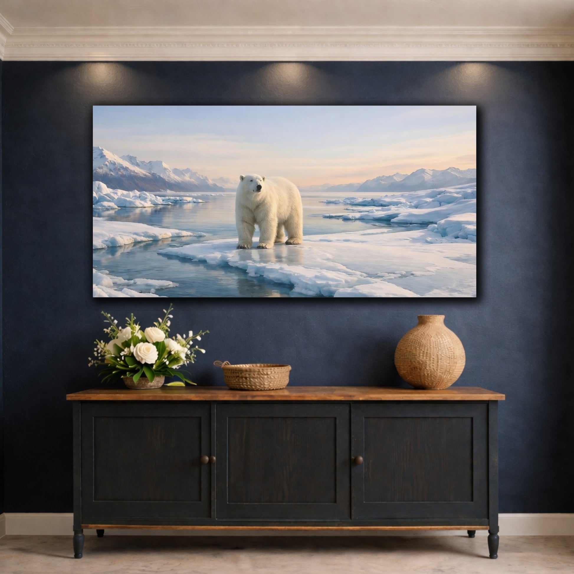 Mockup 4. Animals Polar Bear White And Blue shown as stretched canvas wall art
