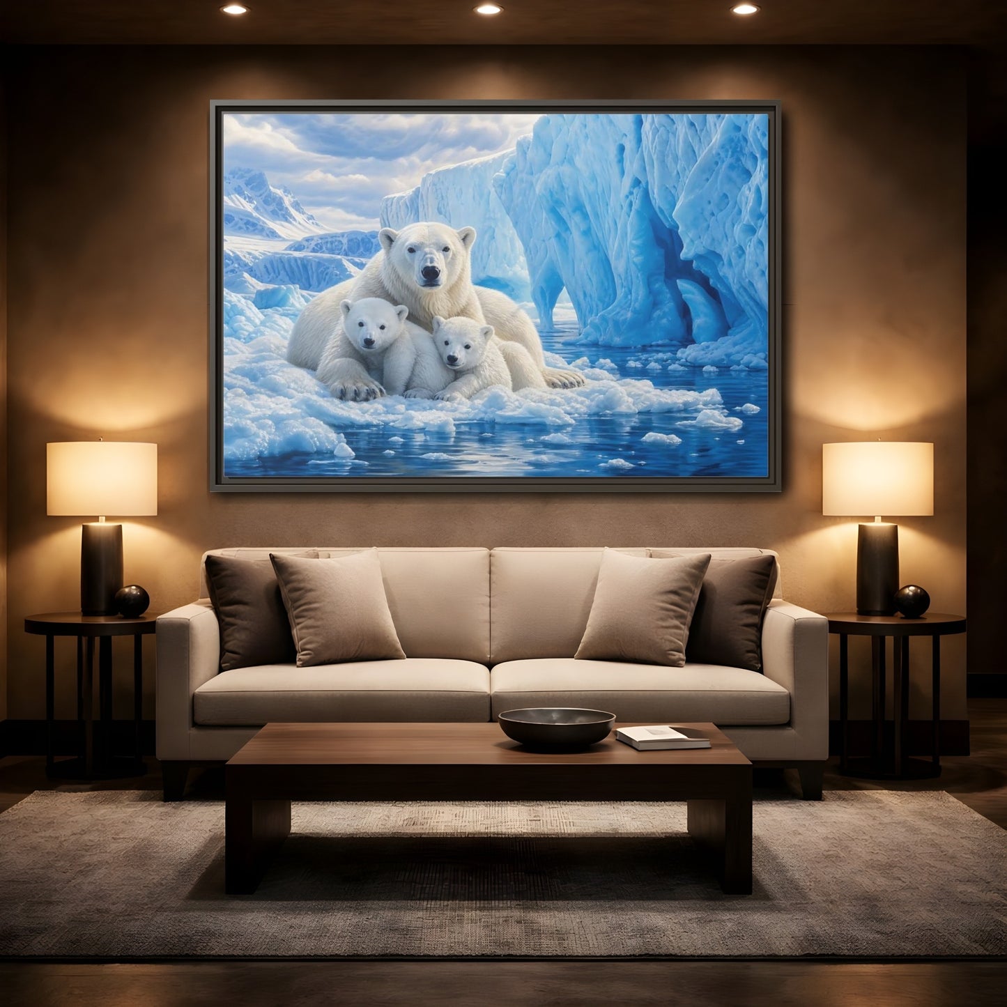 Mockup 2. Animals Polar Bears Blue And White Arctic shown as stretched canvas wall art
