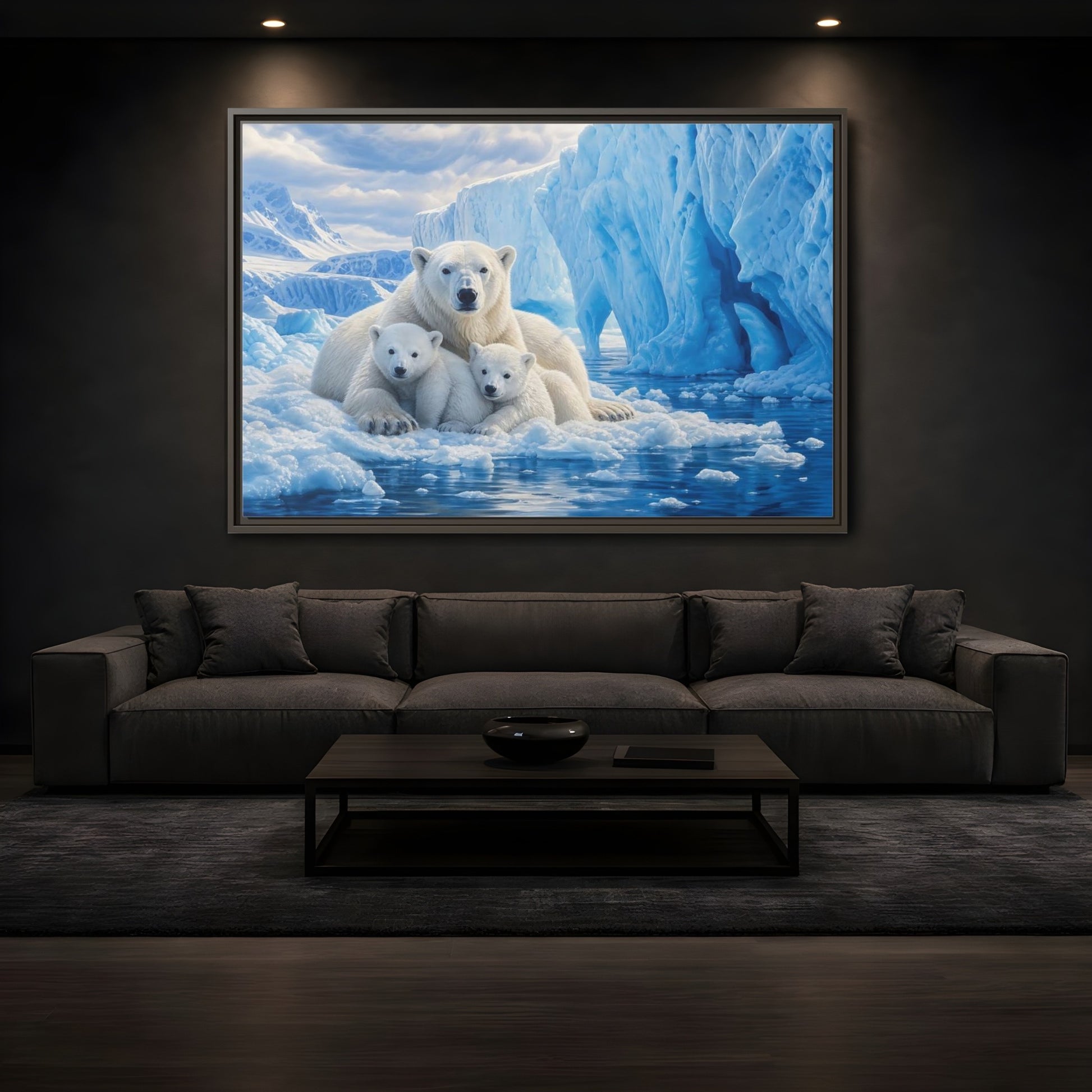Mockup 3. Animals Polar Bears Blue And White Arctic shown as stretched canvas wall art